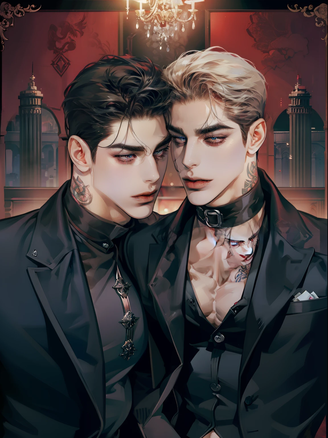 Mafia Noir Casino Gambling Bar Vampire dominant alpha gay couple macho sexy handsome demon adult men with tattoos big chest big abs slicked back hairstyle smoking red eyes charisma goth ((perfect face structure)) detailed stylized ((handsome male couple)) ((men kissing)) ((perfect eyes))