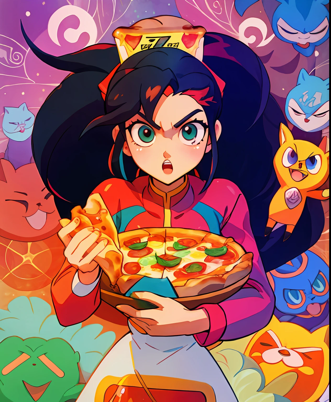 cartunesco, personagem estilo anime com copos segurando uma caixa de pizza e uma fatia de pizza, 2 d animation, mastigando pizza, segurando pizza, pizza!, Apresentando pizza, 2