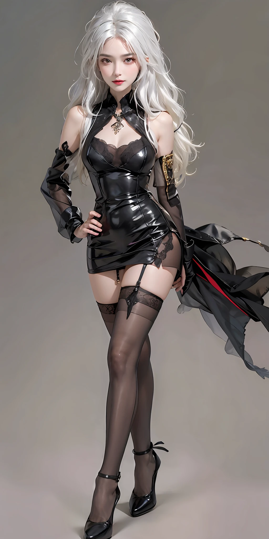 photorealistic, high resolution, soft light,1women, solo, hips up, shining skin, (detailed face),tattoo, jewelry, black lace pantyhose, black stockings, garter belts, night, white hair, wavy hair, Beautiful Soldier, Eyes That Invite Viewer, Lover's Perspective, Inviting Expression, Sexy Smile, Perfect Style, Perfect Balance, Detailed Skin, Naughty Gaze, Chest Visible