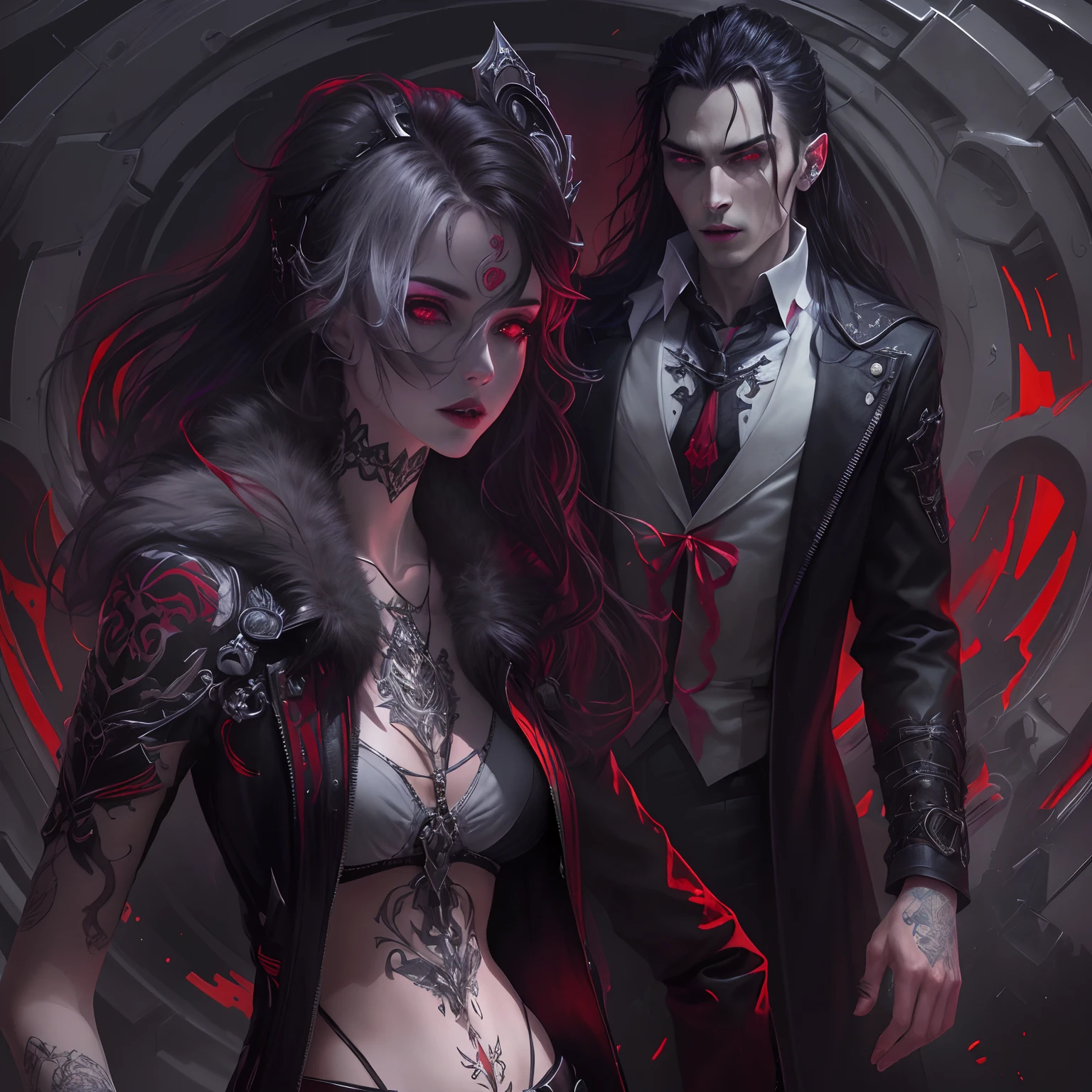 Create two vampires who have just woken up from their slumber,Intimidating vampire full body shot at low angle,One is a handsome and cold gentleman, Vampire gentleman,whaite hair,Dressed in black, Man, Handsome face, Long jacket, Long dark hair, red color eyes, Low angle, Highly detailed, Better face,The other is a noble and elegant vampire girl,glitchpunk girl,pale milky white porcelain skin, Vampires,Smooth translucent white skin, small thighs,Small waist,Small hips,cropped shoulders,Nice collarbone,ultra-realistic realism,big breasts exposed cleavage,The upper part of the body, A female DJ, Look at the crowd,,Wear a bikini,Tattooed with,red color eyes,goth style,Psychedelic surrealist art,Surrealist psychedelic design,dream art style,Illusion psychedelic art,Quality quantity, Skin texture, Intricate details, (Cinematic lighting), RAW photo, 8K,