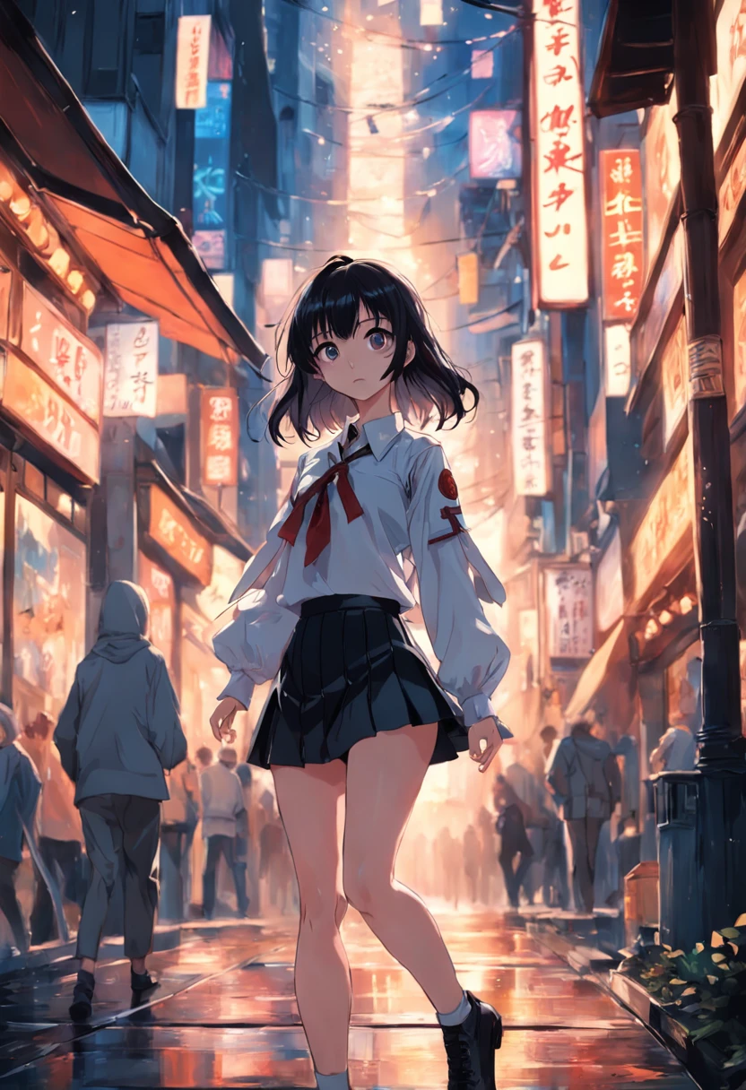 best qualtiy，tmasterpiece，k hd，1girl，(Full body in camera)，Walking down the street，White color blouse，black short skirt，((from side))，Detailed scenes, Beautiful digital illustration, the detail，Hyper-detailed