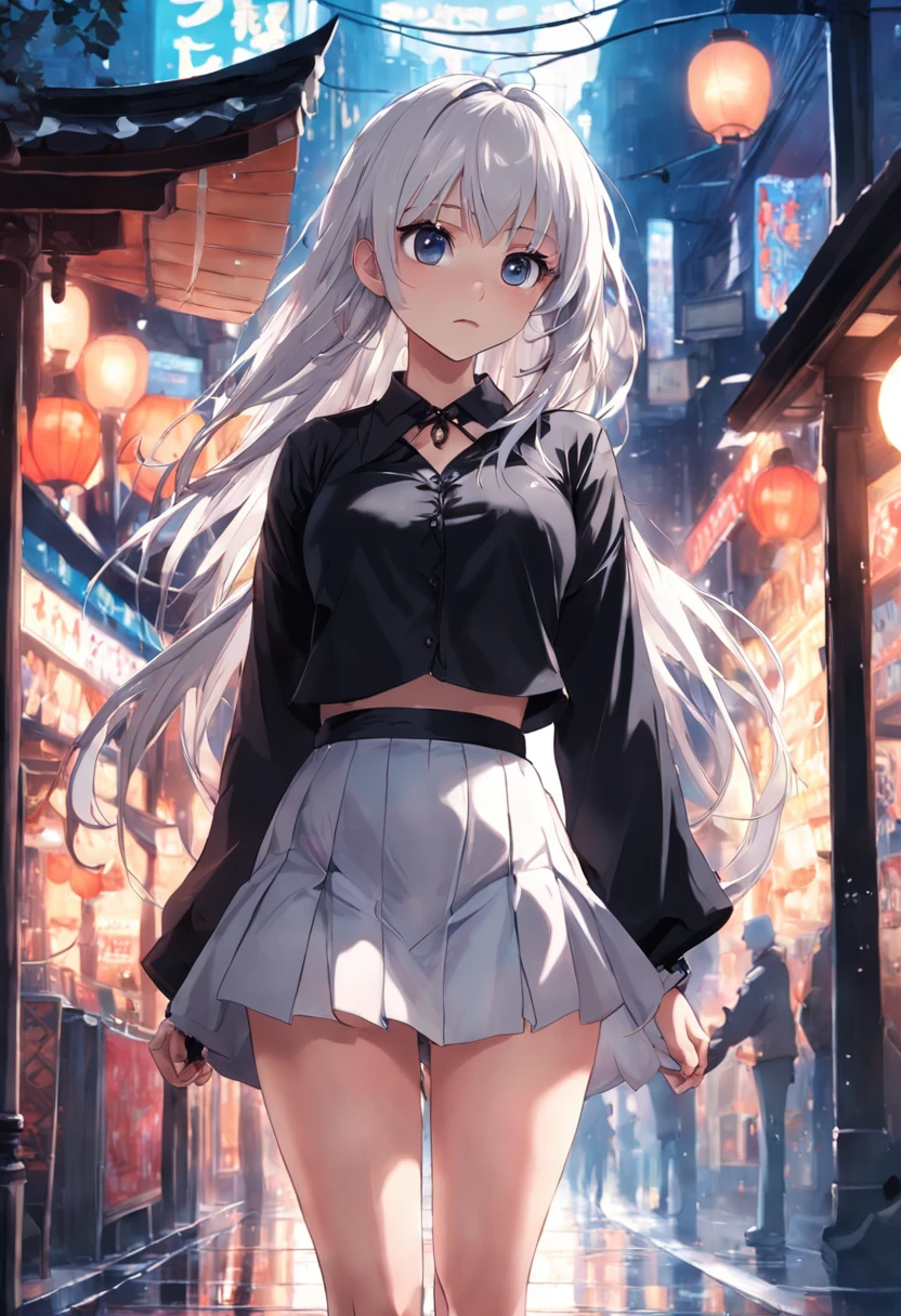 best qualtiy,tmasterpiece,k hd,1girl,(Full body in camera),Walking down the street,White color blouse,black short skirt,((from side)),Detailed scenes, Beautiful digital illustration, the detail,Hyper-detailed