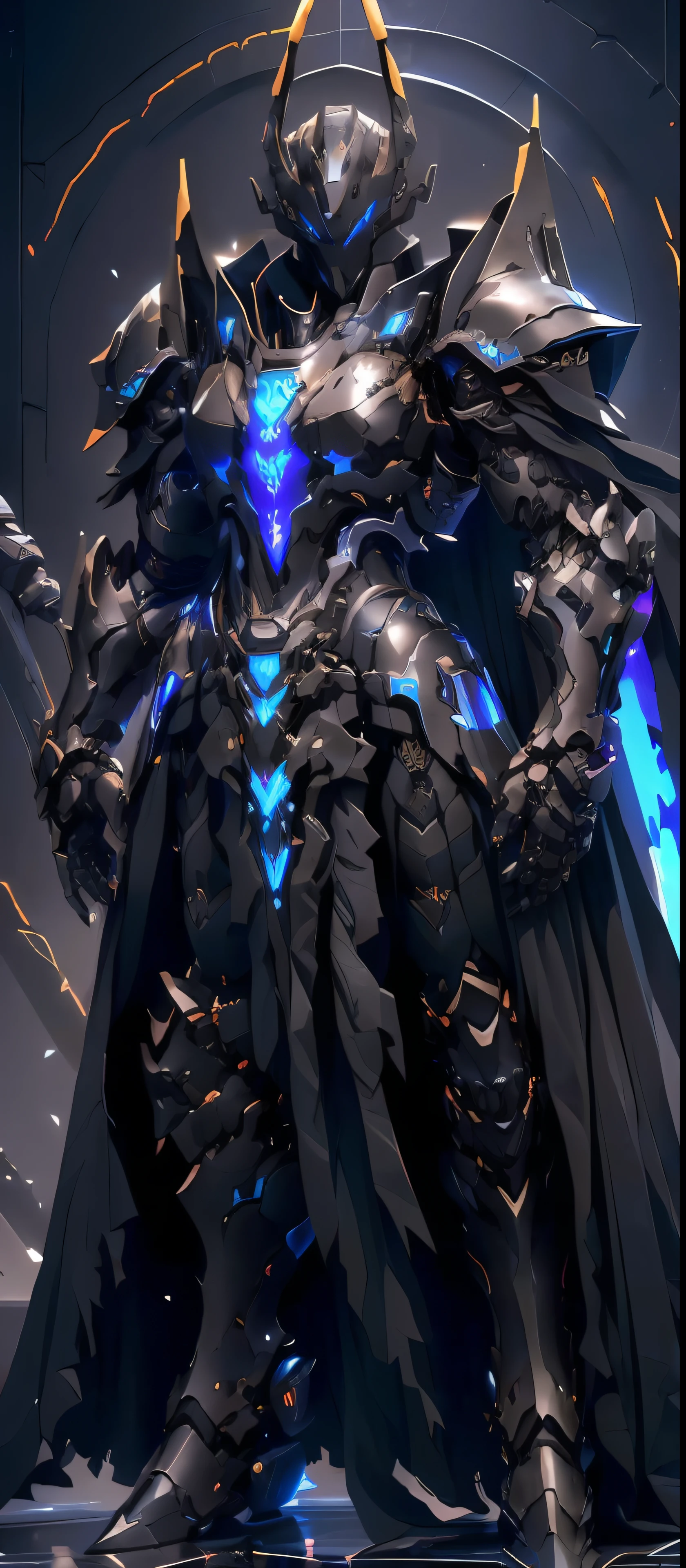 arafed knight in armor standing in a dark room with a sword, black fire color reflected armor, cyberpunk flame suit, berserk skullknight black armor, heavy metal armor, cybernetic flame armor, black heavy armor, corrupted armor, cybernetic fire armor, full body x-force outfit, heavy black obsidian armor, spiked scrap metal armor