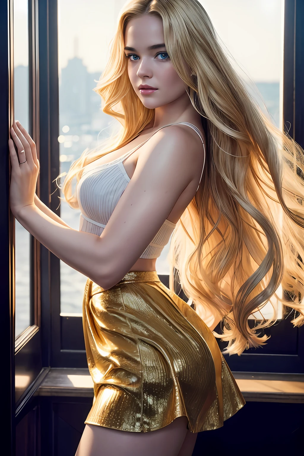 A beautiful girl lifting her skirt up, (erotic face:Florence Pugh:0.2), (high detailed skin), (high detail face), (very long curly blonde hair), best quality, ultra high res, (photorealistic: 1.4), Raw photo, by Ellen von Unwerth, Nikon D850, backlight, rimlighting