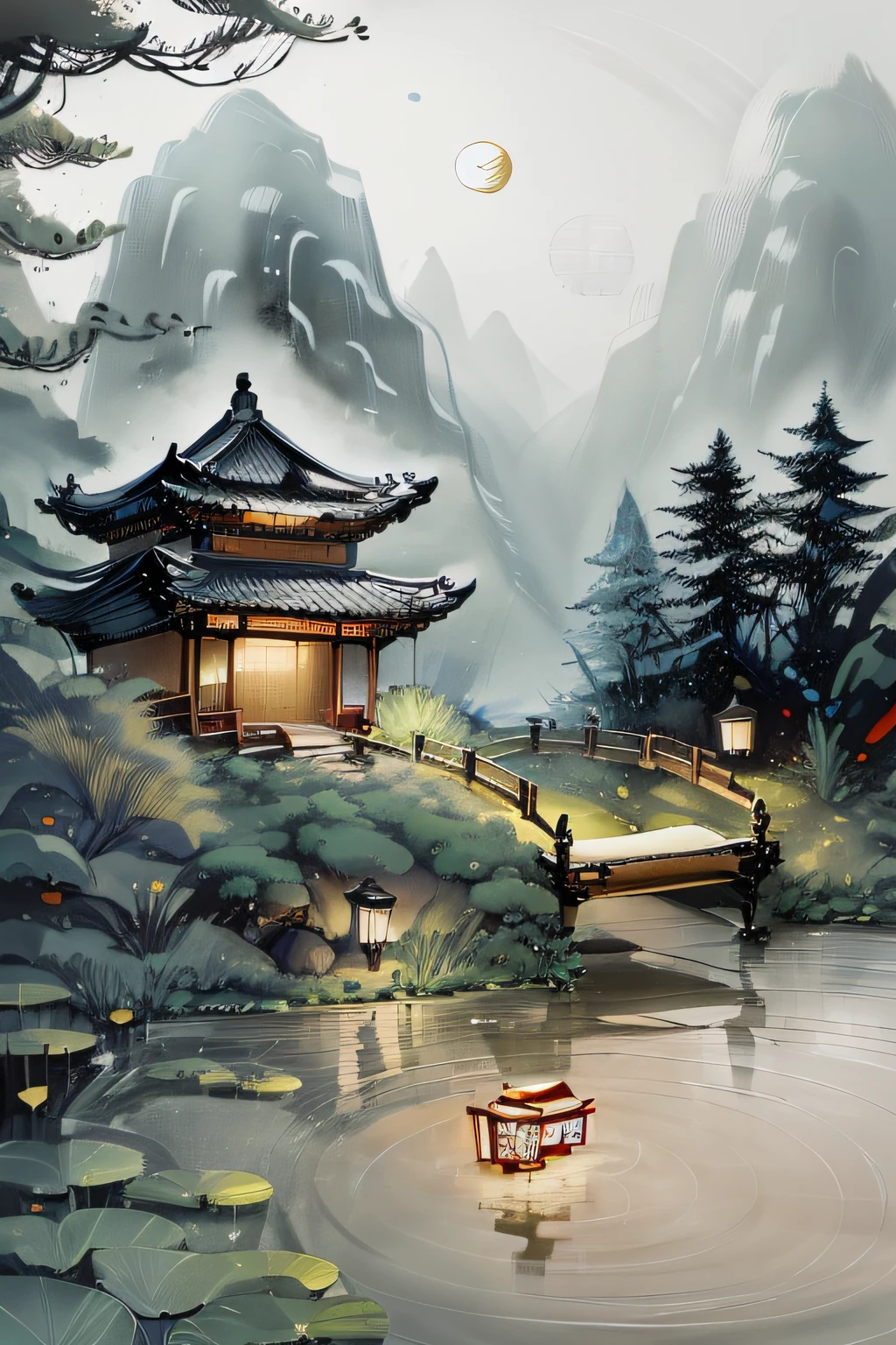 masterpiece,best quality,Chinese martial arts style,an asian night scene with lanterns and water lilies,asian pond with many lanterns and boatsa night scene with many lights and boats in the water, Lake surface, lotus flowers,beautiful night scene,(((Chinese martial arts style))), with vast sky, continuous mountains and steep cliffs, ink wash style, outline light, atmospheric atmosphere, depth of field, mist rising, bamboo, pine trees, octagonal stone pavilion, waterfall flowing water,big full moon,(No color) , Monochrome, light color,