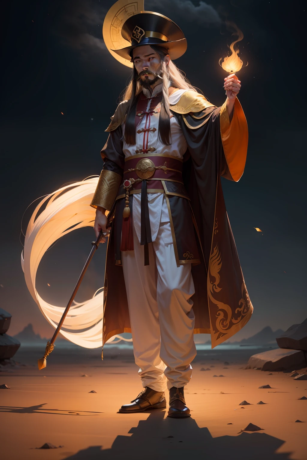 of a guy,sbeard,Long hair,Douluo Continent costume,the night,standing on your feet,Taoist,terroral,