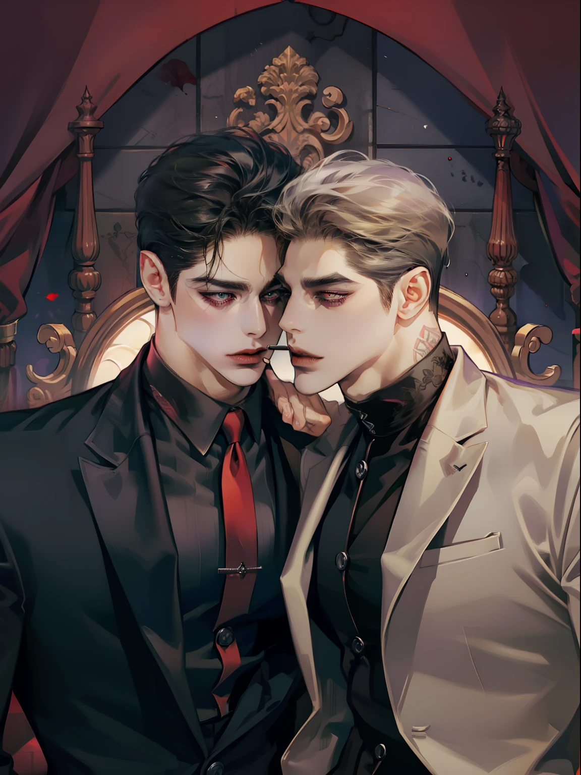 Mafia Noir Casino Gambling Bar Vampire dominant alpha gay couple macho sexy handsome demon adult men with tattoos big chest big abs slicked back hairstyle smoking red eyes charisma goth ((perfect face structure)) detailed stylized ((handsome male couple)) ((men kissing)) ((perfect eyes))