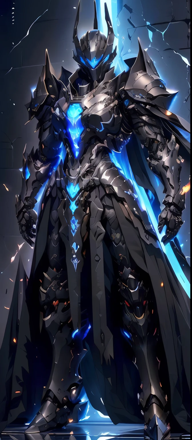 arafed knight in armor standing in a dark room with a sword, black fire color reflected armor, cyberpunk flame suit, berserk skullknight black armor, heavy metal armor, cybernetic flame armor, black heavy armor, corrupted armor, cybernetic fire armor, full body x-force outfit, heavy black obsidian armor, spiked scrap metal armor