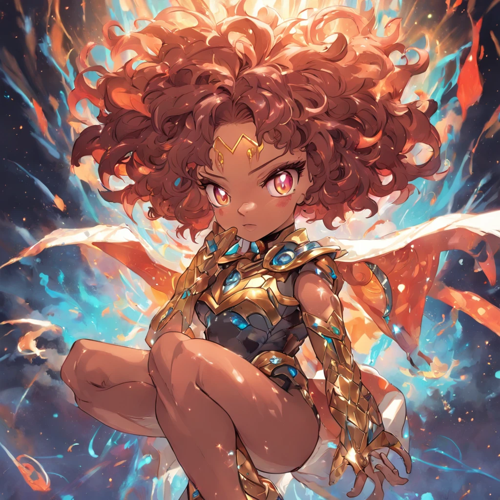 1 Black woman, curly hair, African ethnicity, highlighted eyes, detailed eyes, vibrant colors and dynamic lines reminiscent of manga, art, its explosive power, Chibi, Yang08k, beautiful, perfect eyes, Coloring, green aura around the body, Works primaries,1.1)), Official Art, Beauty and Aesthetics, 512k,silky hair,shiny hair, slim waist, extremely beautiful, skin texture, dark skin tone, extremely defined body, athletic body. Wearing very detailed and refined shorts. She is seated on a majestic and exquisite throne with gemstones, gold and silver detailed throne, red cushioned throne.Dragon Ball Super in Super Saiyan 2 mode with an aura radiating around her body and lightning crackling in the background. The energy emanating from your body is the result of a stable diffusion process, bright blue eyes, clenched fists.