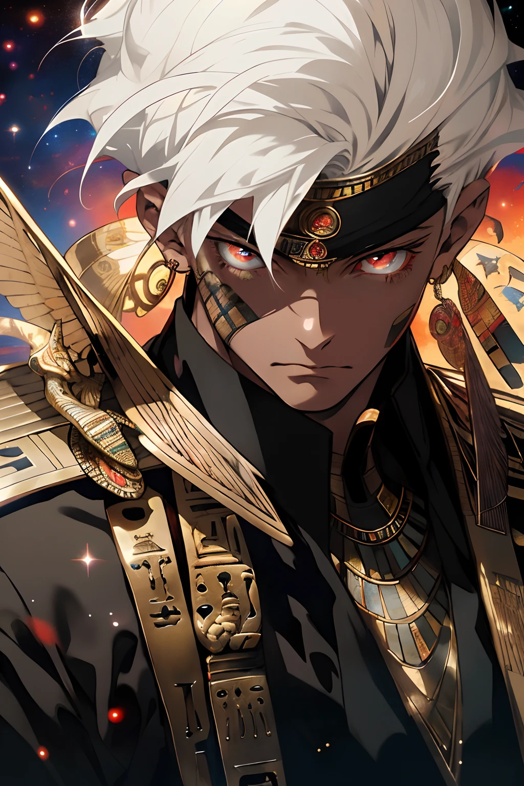 Realistic, (masutepiece, of the highest quality, Best Quality, Official art,), Very detailed, best detailed, (1boy:1.3), Deities々, White hair, (Glowing red eyes), Mysterious, (Magic), Handsome men, ((Egyptian style)), Hats, Gold ornaments, bandaged, Pharaoh, cosmic background, galaxies background