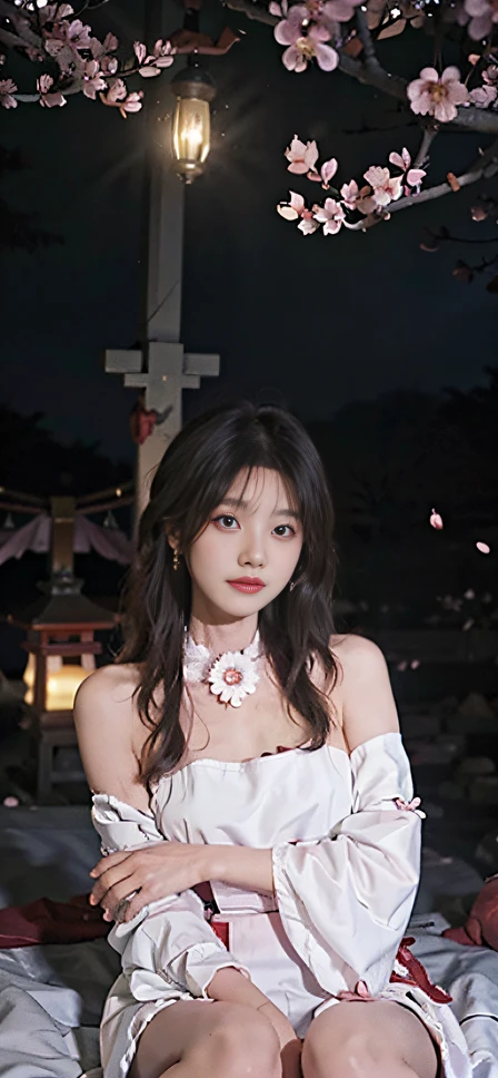 _Girl_,(Ulzzang-6500:0.7), Bare shoulders, Long hair, Open clothes, Best quality, (hair adornments: 1.35), jewelry, Purple eyes, Earrings, Breasts, Torii, Cherry blossoms, lantern light, Depth of field, Clear face, Facial focus, sitting on bed,