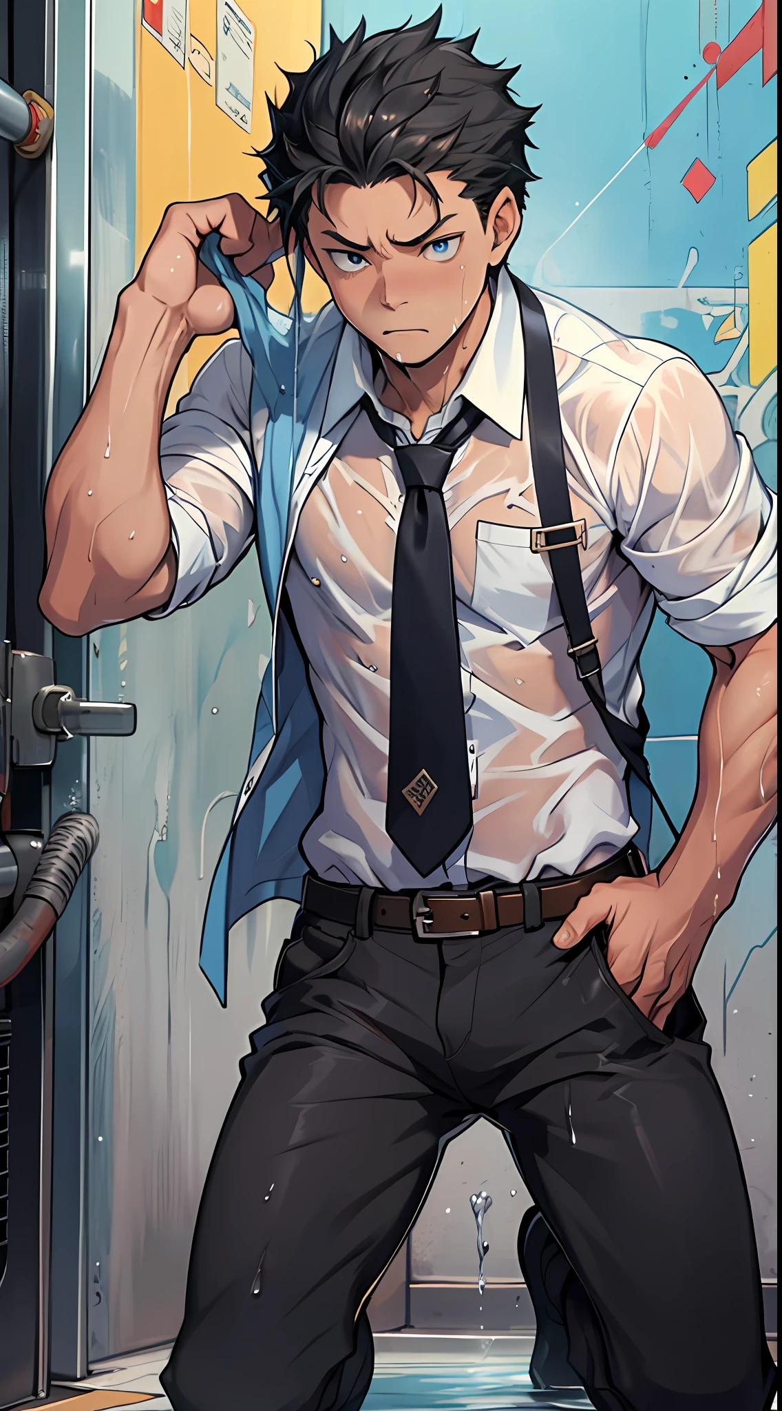 （1 Adult male），A high resolution， Sharp focus， Pixiv masterpiece， （（Complicated details））， highly  detailed， natsuki_subaru， 1 man，perfect male figure，Urine on the trouser leg， Nervously bow your head，is shy，embarressed，exhilarated，is shocked，panicking，worry，A pool of urine formed around him，Very eager to pee，Unbearable，Wet yourself，Urine discharge，full bodyesbian，kneel，Tired，decadent， blue color eyes（eyes glowing）， Black hair short hair，white  shirt，Wear a tie，Wear a belt，trousers，perspire，Drenched，Get wet，pissing，urine flows down the pants，look from down