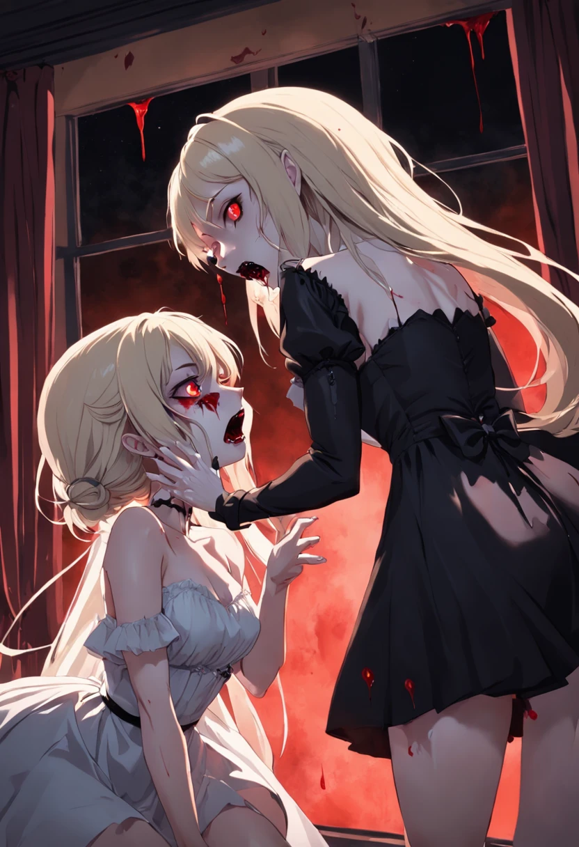 A platinum blonde female vampire in a black dress is holding a beautiful brunette girl in a white dress from behind. (((A little blood is dripping from the female vampire's mouth.))) The beautiful girl is in a trance and the female vampire is satisfied. They are in the beautiful girl's bedroom with moonlight coming through the window. Bats are flying outside the window. night scene, 35mm lens shot