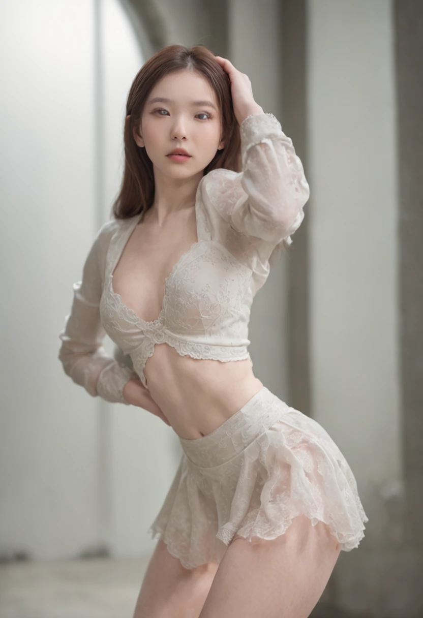 1 royal sister,Super detail,Anatomically correct,ccurate,looking down on the camera,The chest is huge,Cocked buttocks,White ballet socks,gymnastic suit,Superskirt,Physical coordination,Photo portrait,Delicatemakeup,slender thigh,Dominant,without wearing shoes,Full body photo,(yangmi)