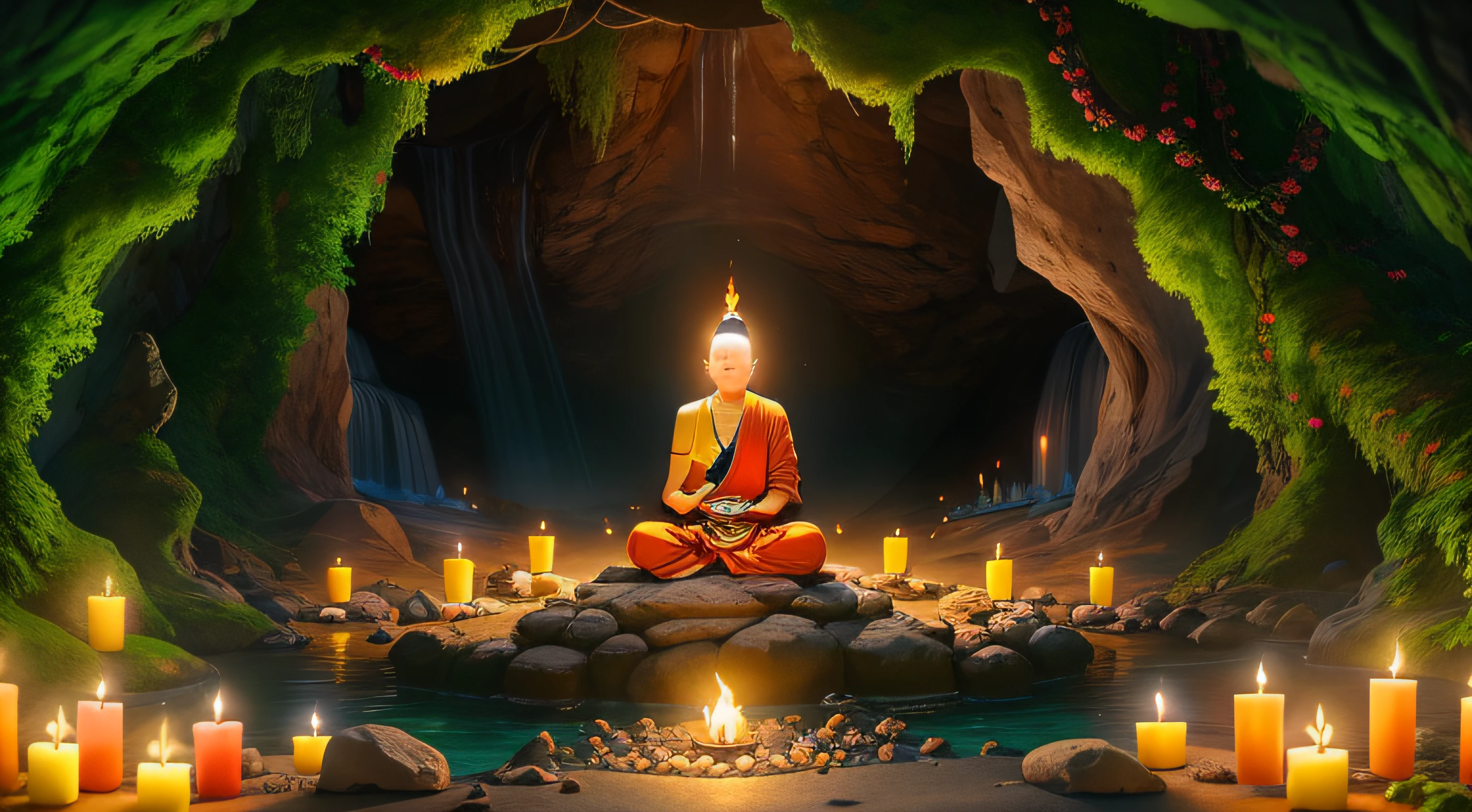 a person sitting in a cave with candles lit up, hindu stages of meditation, monk meditate, meditating, a mystical temple, praying meditating, buddhist monk meditating, glowing temple in the distance, floating in a powerful zen state, buddhism, meditation, buddhist, in a cave with the waterfall, mystical setting, underground temple, mysterious temple setting,