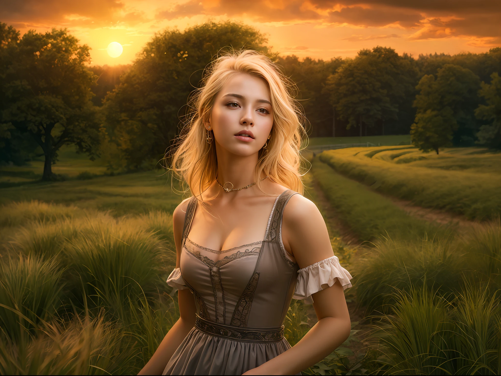 (realistic:1.3), finely detailed, quality, rembrandt lighting, (masterpiece:1.2), (photorealistic:1.2), (best quality), (detailed skin:1.3), (intricate details), dramatic, ray tracing, 1girl, american white girl, blonde hair, 21 years old, medium breasts, (Meadow, Sun, Clouds, Field, Farming, Starlight, Walking trail)