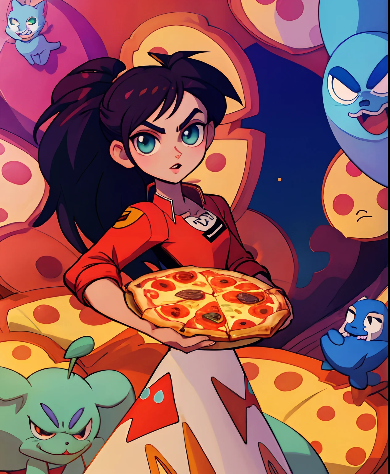 cartunesco, personagem estilo anime com copos segurando uma caixa de pizza e uma fatia de pizza, 2 d animation, mastigando pizza, segurando pizza, pizza!, Apresentando pizza, 2