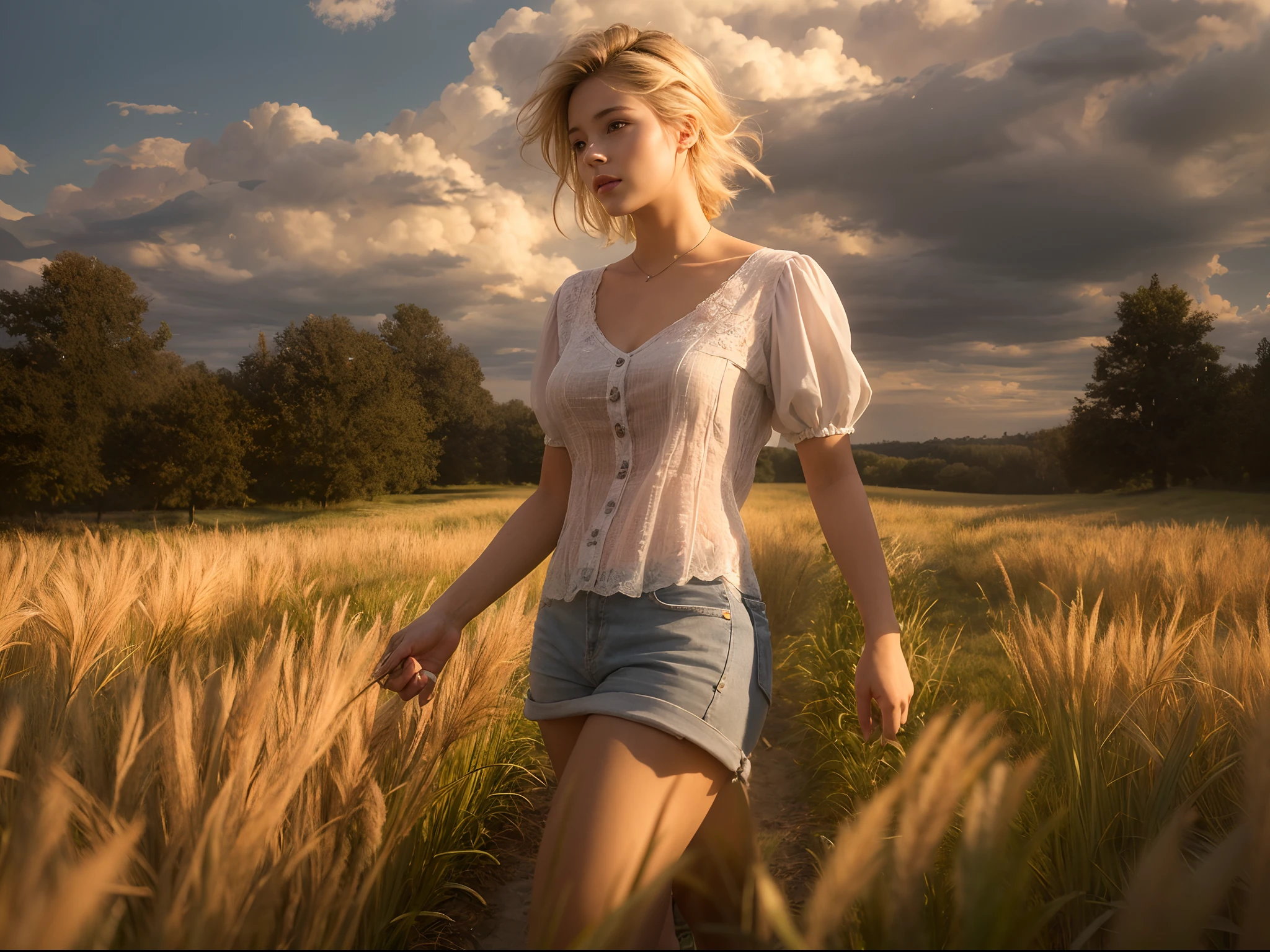 (realistic:1.3), finely detailed, quality, rembrandt lighting, (masterpiece:1.2), (photorealistic:1.2), (best quality), (detailed skin:1.3), (intricate details), dramatic, ray tracing, 1girl, american white girl, blonde hair, 21 years old, medium breasts, (Meadow, Sun, Clouds, Field, Farming, Starlight, Walking trail)