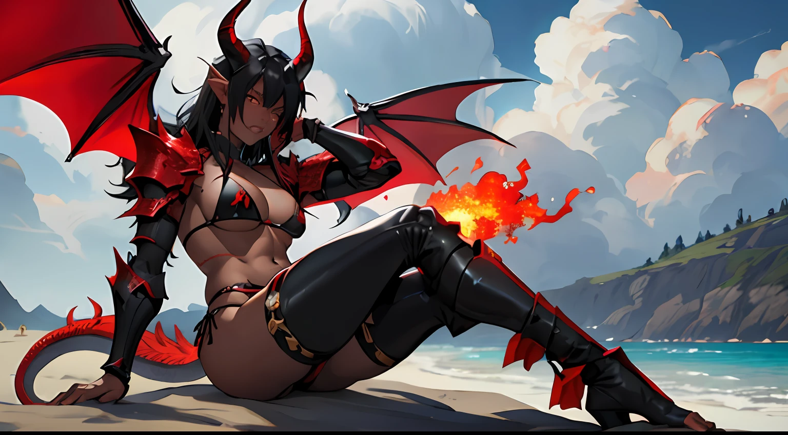 Black and red, dragon girl, with fire armor, medieval, hold flaming dagger, anime, realistic, high quality, non distorted, queen of dragons, medium breats, thick waist, dark skin, looking at viewer, cloudy, sitting pose, with horns, black horns, sexy outfit, bikini, beach, dragon tail