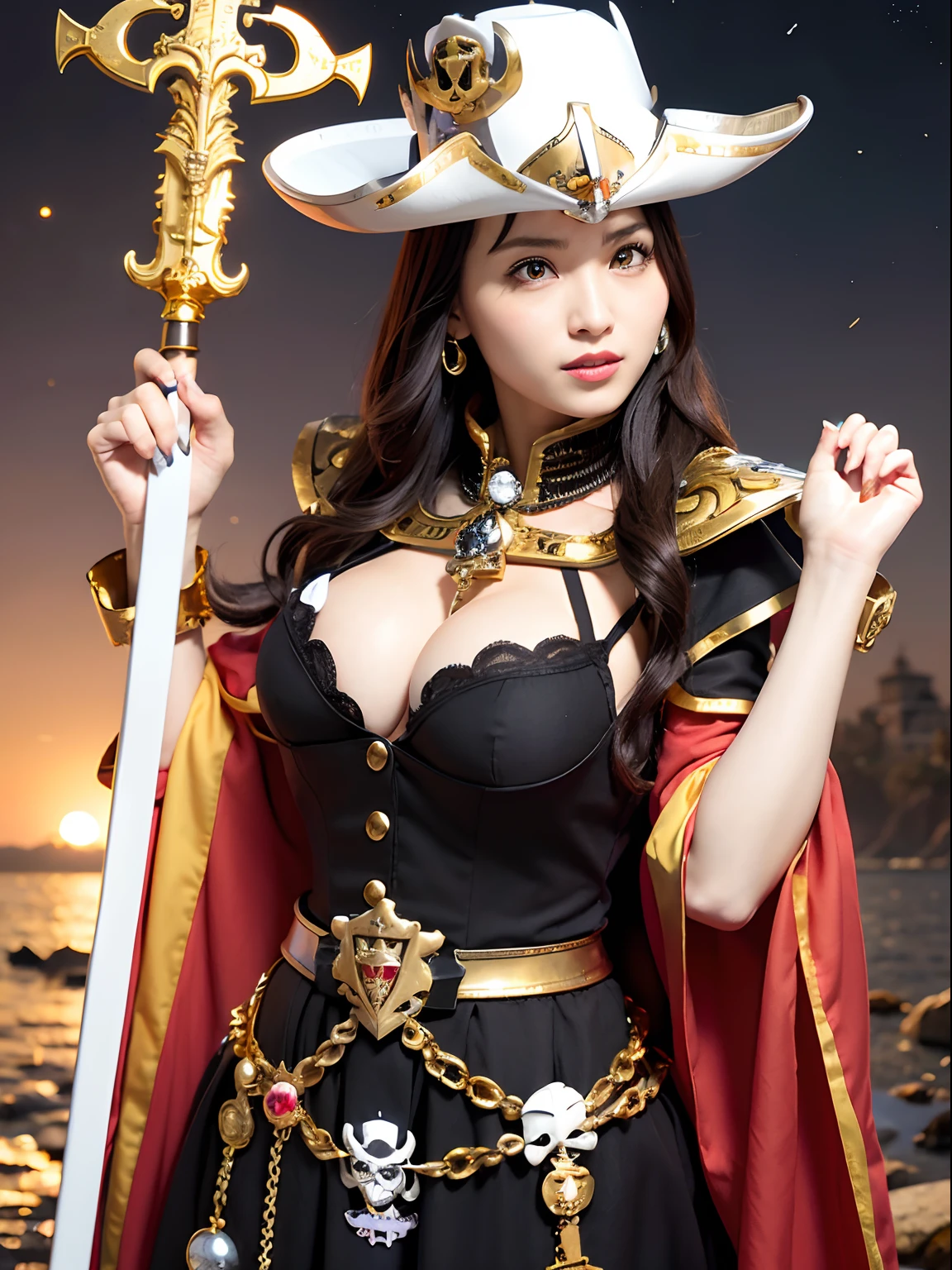 (masutepiece), Professional , ​masterpiece、top-quality、photos realistic , depth of fields （Gemstone Silver Metal Body:1.９),(Matte White、（Put on a pirate hat）、Jewel Gold Weapon（Jewel Metal Body:1.４),（Gorgeous metal weapons） , Detailed Sword of the Brave , Beautiful knife   ,warhammer 40k , The port town、adepta sororitas,Detail and ornate jewel crown、Black hair、Gangle's forest background、Young Caucasian beauty、１a person、dynamic ungle,(((Detailed and ornate diamond crown)))、Smaller head、A smile、Take a sexy pose、Thin and beautiful female hands、cleavage of the breast、Soldier in iron armor on background、Soldier in iron armor on background、Sea view、