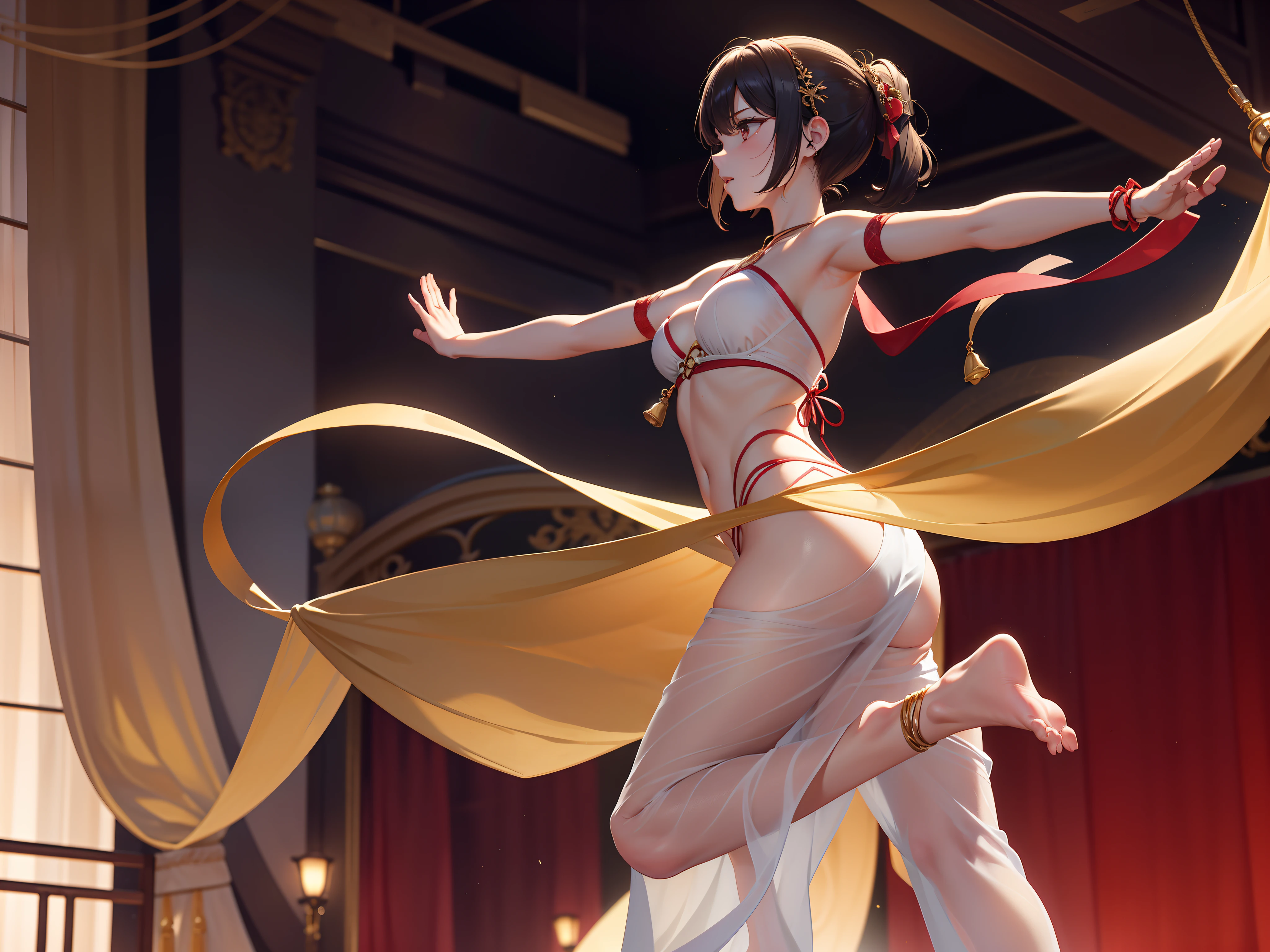 Barefoot and lightweight,Fall in the middle of the stage,A string of gold bells at the ankle,It is lined with Maihime's slender wrists,Loose red gauze pants reveal the fairness of the skin,With the dance, The calves are inadvertently exposed and smooth,Seductive under red light。A golden ribbon is wrapped around the waist,Not loose,But everyone can see it,The curve of her waist resembles a winding green snake。,With deadly elegance,The deliberately unretracted part of the ribbon flew from time to time as the figure moved,Lick the air like a snake letter。The tight wrap is loosely covered with a layer of red tulle,Dance along, It seems to fly unintentionally,Reveal a gelatinous back,Smooth skin,Fragile bony phase,Not greasy or dry。The finely cut smooth arm is loosely wrapped around the red yarn layer,Dance gently,Soft fingers twitched the hearts of the audience in the audience。