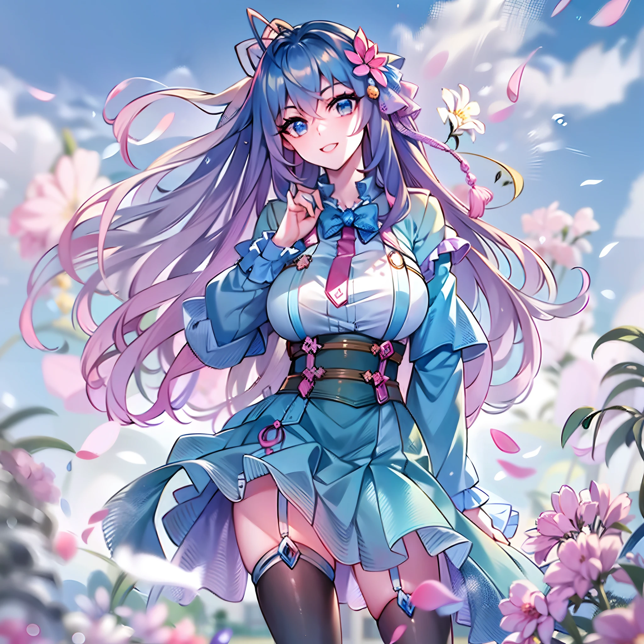 (masterpiece: 1.2),  best quality, ultra high res, shiny skin, mature female, fashi-g, ultra high res, perfect anatomy, best shadow, best quality, ((1girl, solo)), hair ornament, very long hair, huge breasts, smile, looking at viewer, very long hair, long sleeves, blue eyes, blue hair, bangs, hair between eyes, short dress, high boots, flower, cloudy sky, full body