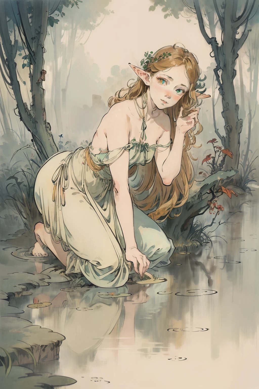 sfw,masutepiece, Best Quality, High resolution, 1girl, Full body, detail girl, detail hands, detail fingers, detail face, detail leg, 1girl, elf, looking down, dirty swamp, black sky, smog, watercolor, pale skin, petite, blonde hair, long hair, wavy hair, woe, sad smile, green eyes, tareme, medium breasts, white sundress, bare back, kneeling, Plants a tree