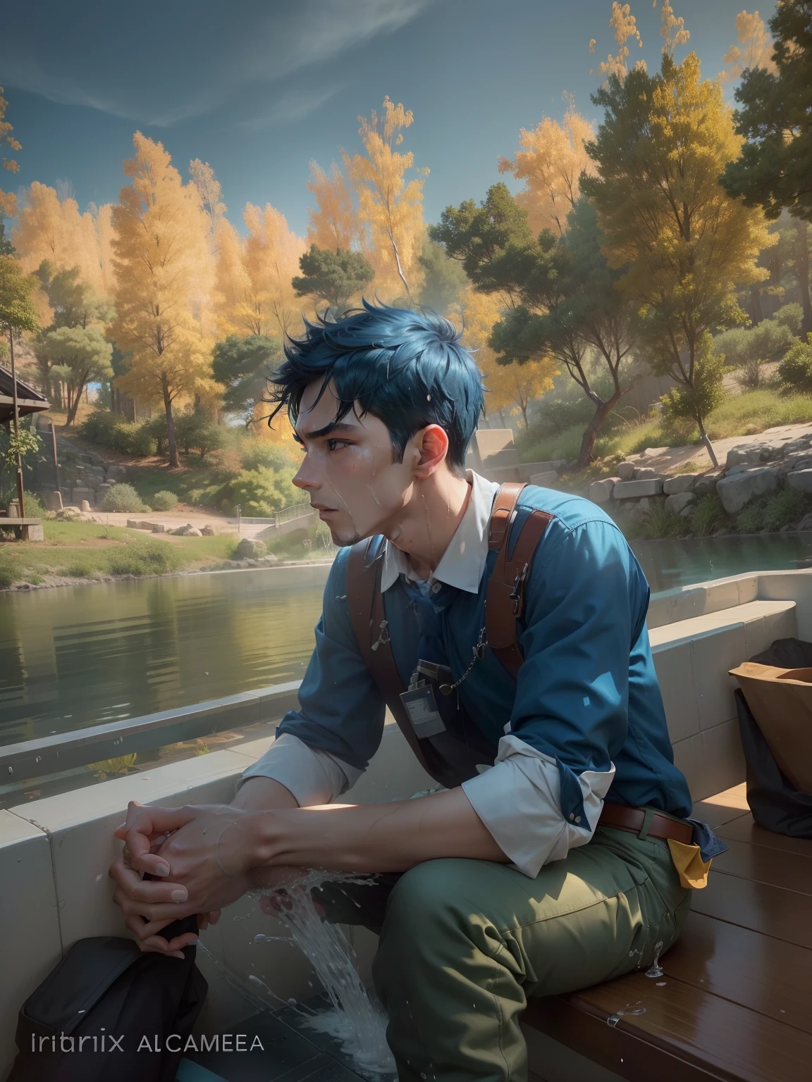 （1 Adult male），A high resolution， Sharp focus， Pixiv masterpiece， （（Complicated details））， highly  detailed， natsuki_subaru， 1 man，perfect male figure，Urine on the trouser leg， Nervously bow your head，is shy，embarressed，exhilarated，is shocked，panicking，worry，A pool of urine formed around him，Very eager to pee，Unbearable，Wet yourself，Urine discharge，full bodyesbian，sit astride，Tired，decadent， blue color eyes（eyes glowing）， Short yellow hair，Blue shirt，Wear a tie，Wear a belt，trousers，perspire，Drenched，Get wet，pissing，urine flows down the pants，look from down