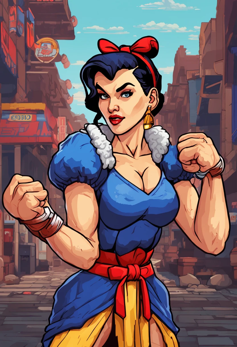 portrait, pixelart Snow White as street fighter character, super nintendo, Chun Li
