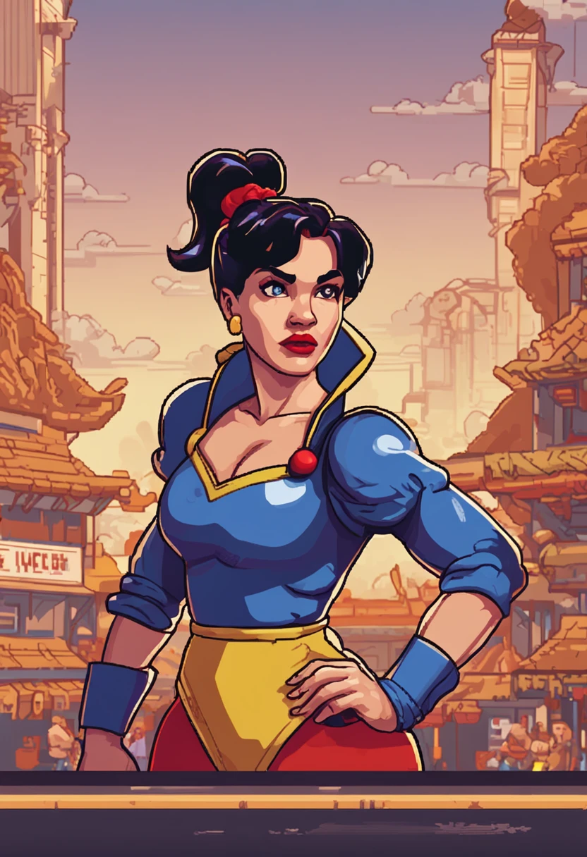 portrait, pixelart Snow White as street fighter character, super nintendo, Chun Li
