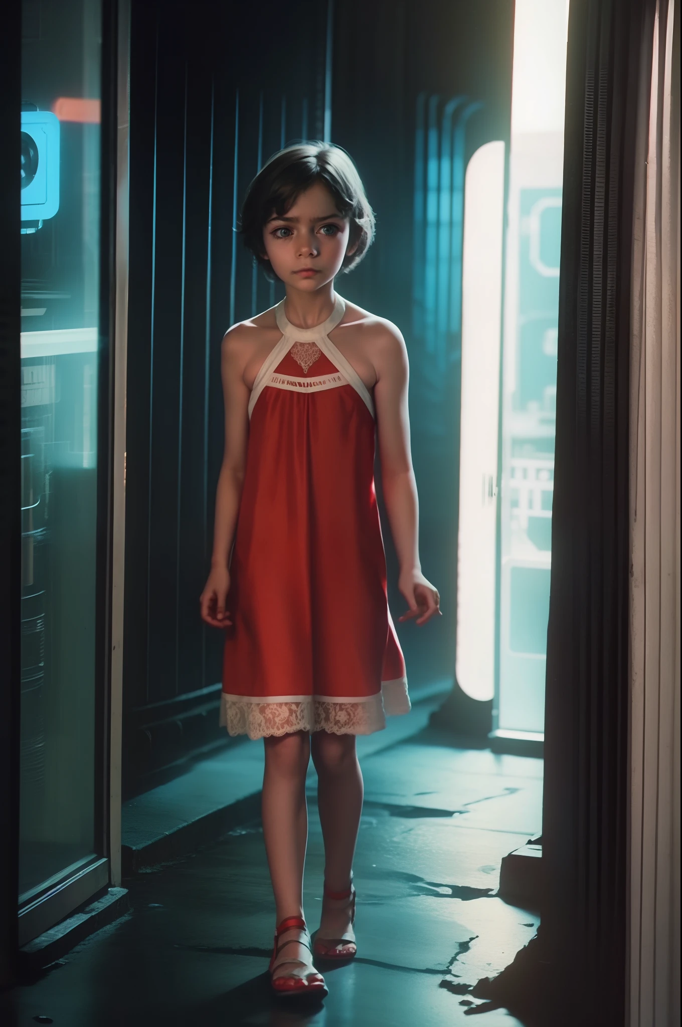 (twelve-year-old 1girl:1.0), cyberpunk night city at background, (child:1.0), (red lace summer dress:1.0), (solo:1.8)