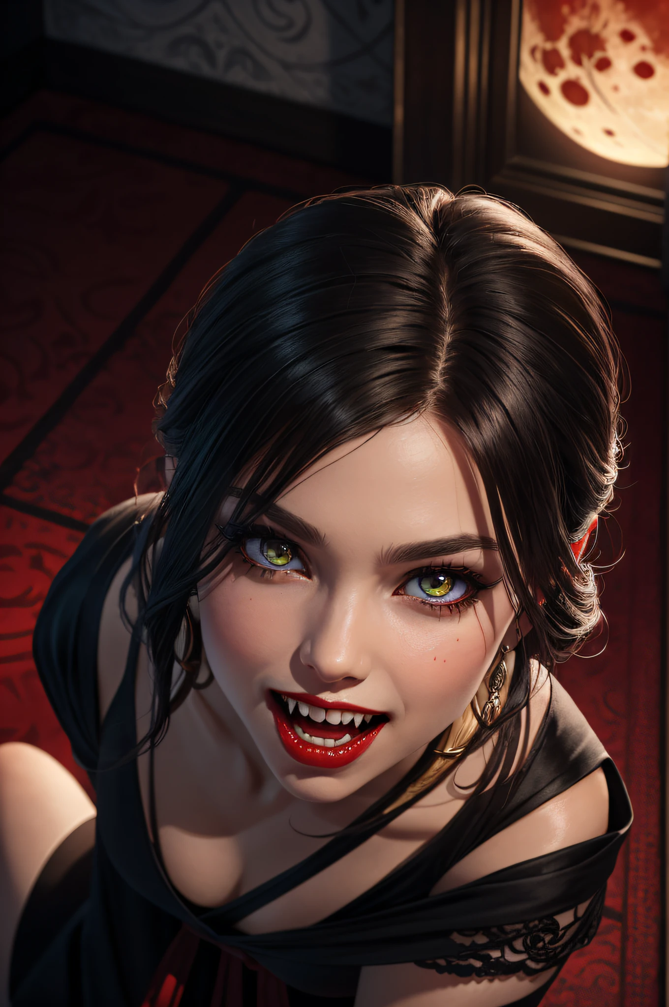 (best quality), (masterpiece), (photorealistic), (realistic), super detailed, unity 8k wallpaper, highly detailed cg, ray tracking, sharp shadows, great detail, depth of field, super detailed background, As the crimson moon shed black tears, the crimson eyes of a dark-haired beauty flickered eerily. She is a vampire, her eyes smiling at her prey. Her black kimono dress is red embroidered in a delicate and intricate design. Detailed drawing. Vivid colors. High picture quality. (Kneeling, leaning forward):2. (mouth open to show fangs. Red lips):1.6. (shot from the grand, from below, (Composition looking down from above)):1.4
