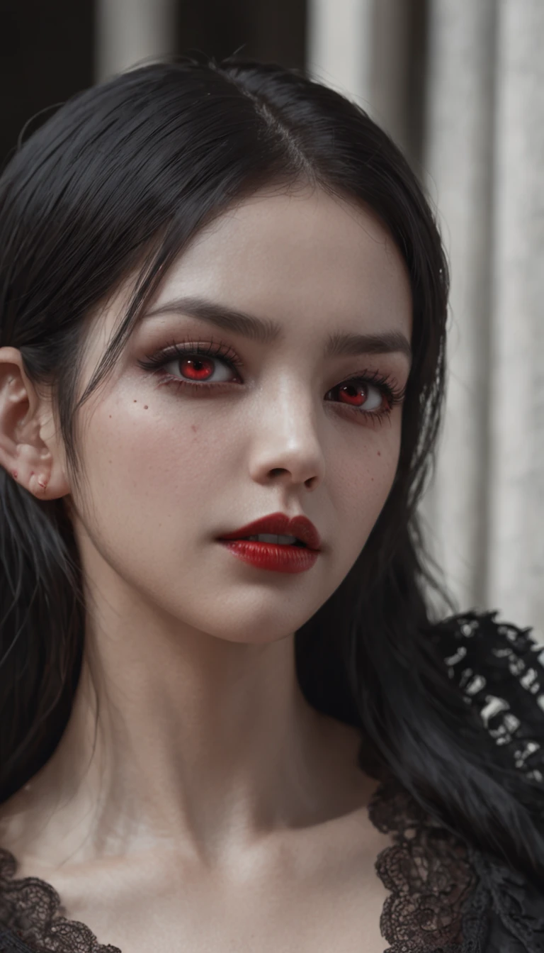 masterpiece, best quality, 1girl, solo, (natural skin texture, realistic eye and face details:1. 5), (dark:1. 4), deep shadow, extremely detailed lady, detailed eyes and face, piercing eyes, red lipstick, no black eyeliners, detailed goth clothing, ponytails, black hair, Nikon d850 film, hyper-realistic, real-life texture, dramatic, lighting, unreal engine, (facial clarity:1. 5), (transparent clothes:1. 1) gothic style, black lace, tattoo