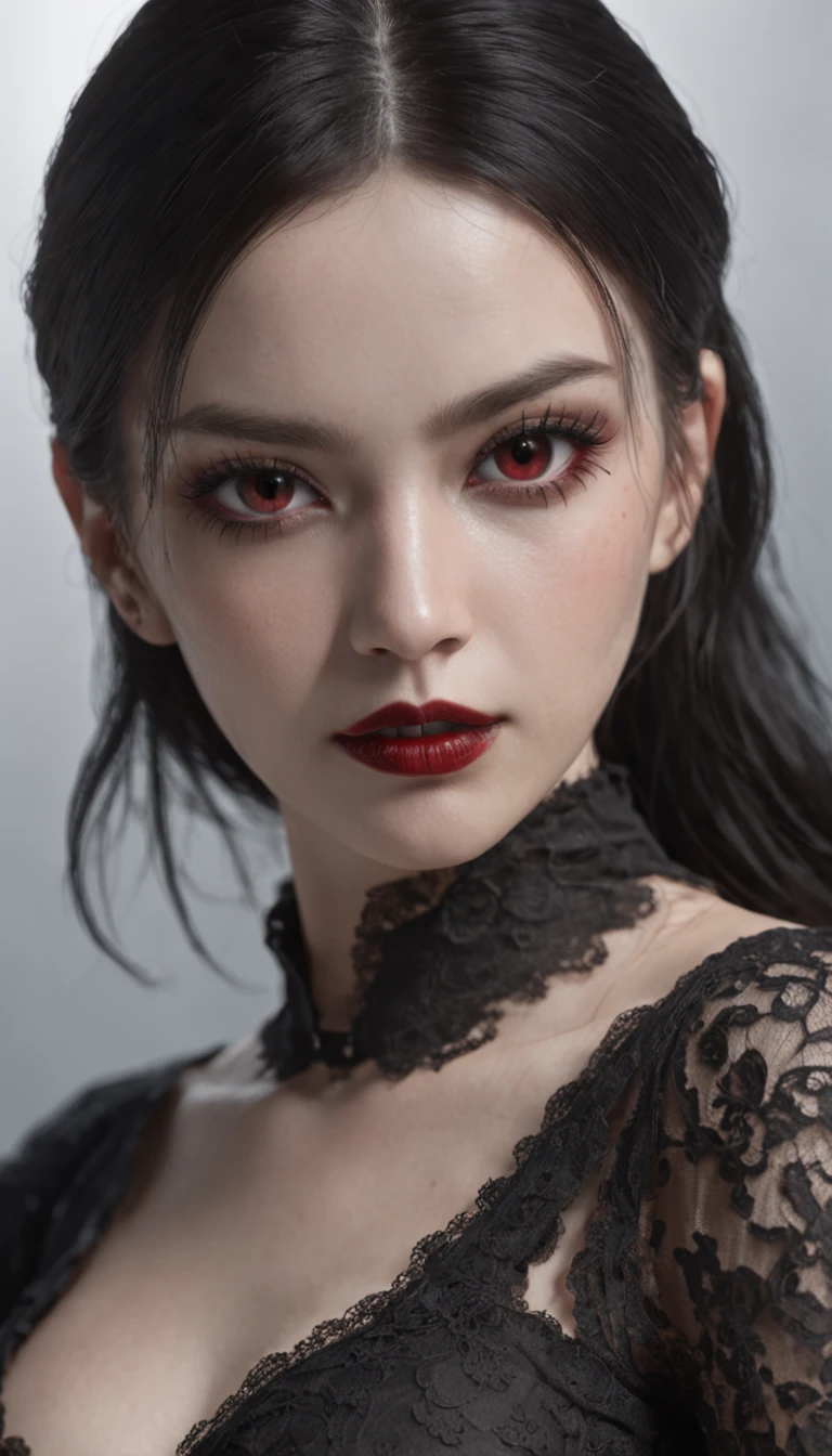 masterpiece, best quality, 1girl, solo, (natural skin texture, realistic eye and face details:1. 5), (dark:1. 4), deep shadow, extremely detailed lady, detailed eyes and face, piercing eyes, red lipstick, no black eyeliners, detailed goth clothing, ponytails, black hair, Nikon d850 film, hyper-realistic, real-life texture, dramatic, lighting, unreal engine, (facial clarity:1. 5), (transparent clothes:1. 1) gothic style, black lace, tattoo