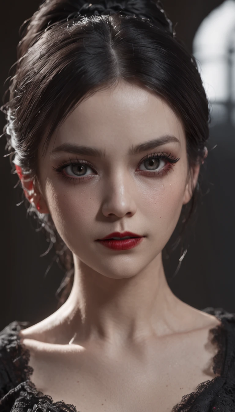 masterpiece, best quality, 1girl, solo, (natural skin texture, realistic eye and face details:1. 5), (dark:1. 4), deep shadow, extremely detailed lady, detailed eyes and face, piercing eyes, red lipstick, no black eyeliners, detailed goth clothing, ponytails, black hair, Nikon d850 film, hyper-realistic, real-life texture, dramatic, lighting, unreal engine, (facial clarity:1. 5), (transparent clothes:1. 1) gothic style, black lace, tattoo