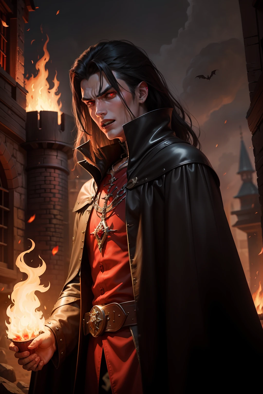 medieval times,Western vampires,Red eyes,Black coat cape,Burning teeth,Ferocious