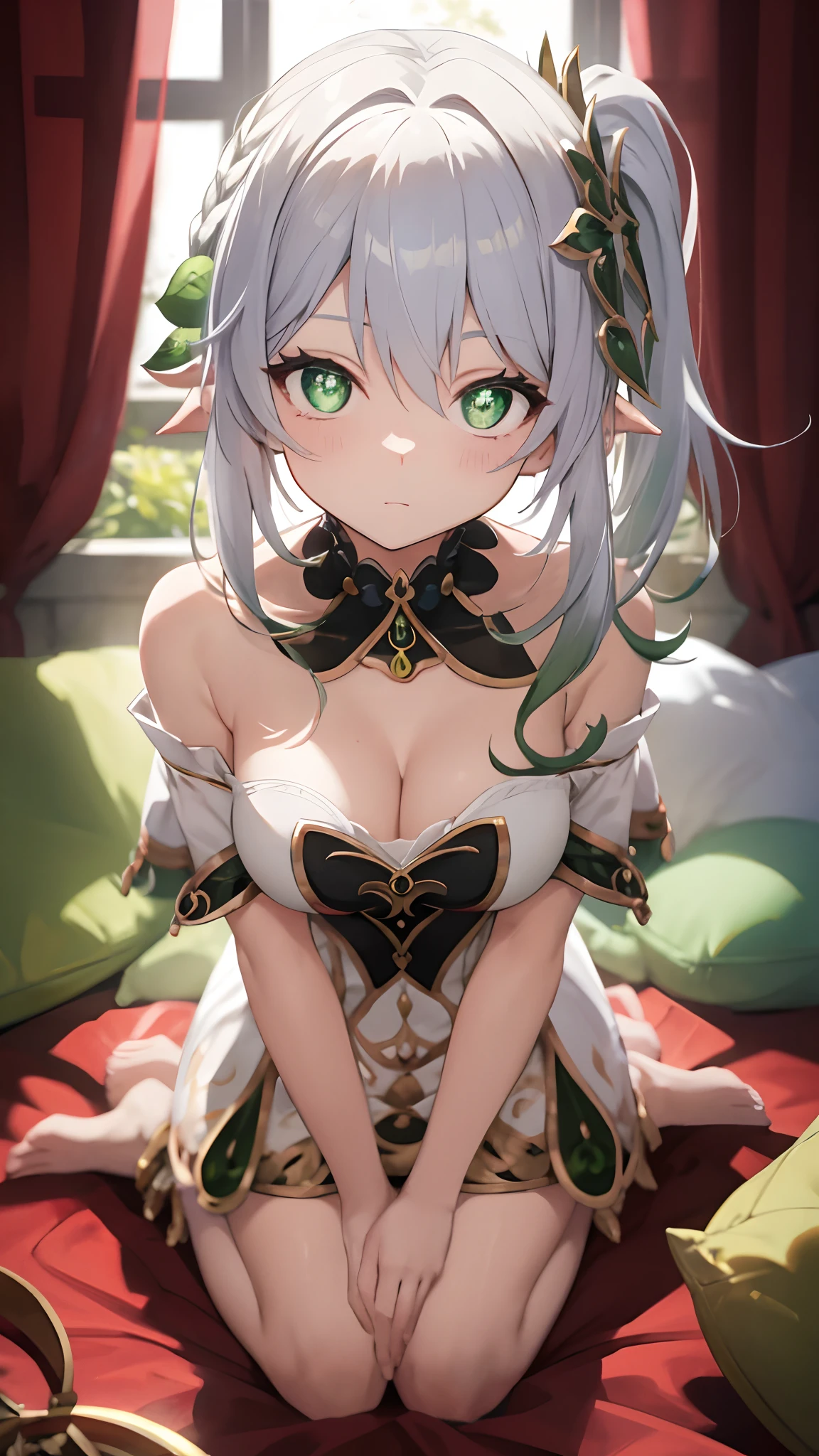 tmasterpiece,best qualtiy,Fine and detailed,A high resolution,Extremely Delicately Beautiful,(whaite hair),Close-up Shot Shot,(Green eyes),Be red in the face,cleavage,Off-the-shoulder attire,Full body photo,perfect bodies,