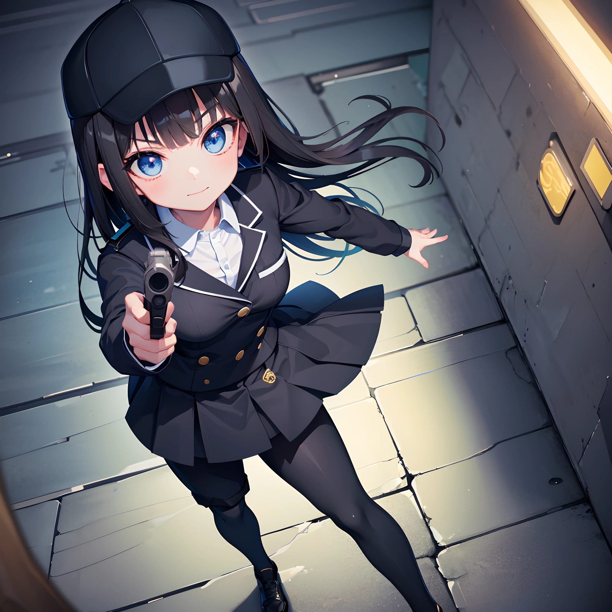 Best quality, highest resolution, 1 girl, solo, perfect anatomy, detective, young girl, baseball hat, black uniform, detective uniform, black trousers, straight hair, side bangs, black hair, beautiful blue eyes, dark alley in background, abandoned buildings, at night, smirk, looking at viewer, high angle, blue lights, aiming at viewer with handgun