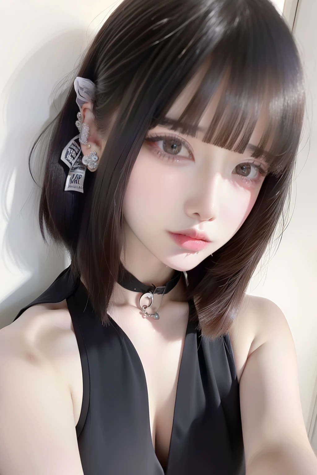 ((top-quality、8K、masterpiece:1.3))、a beauty girl、Hide your face、1girl in、Twin-tailed、selfee、Heavy bangs、hime-cut、Heavy makeup、Side hairs、White wall background、hyperdetailed face、very detailed lips、A detailed eye、二重まぶた