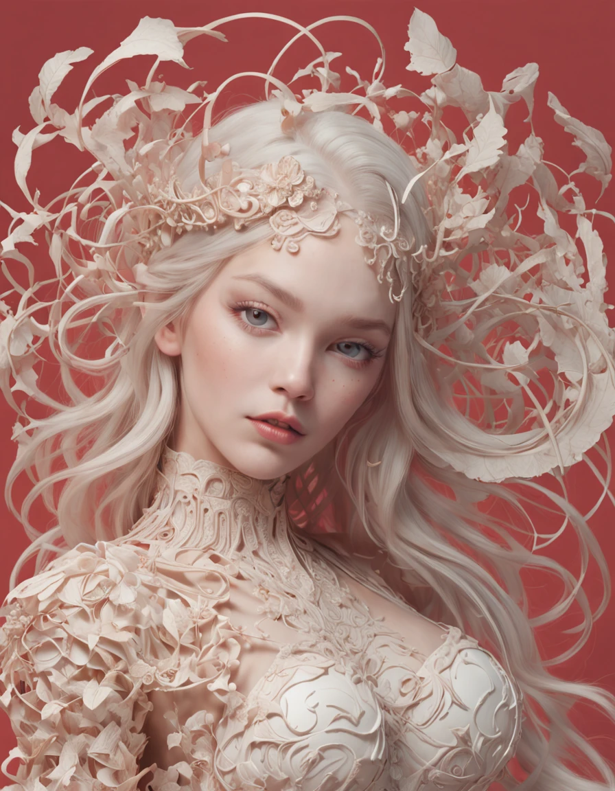 Intricate 3d rendering ultra-detailed beautiful angel of death, biomechanical robot, simulated 150mm lens, beautiful natural soft edge light, neon veins, roots, delicate leaf lace, colorful details, Boris Bidjan Saberi costume, pearl earrings, piercings, art nouveau fashion embroidery, intricate details, mesh lines, Mandelbrot fractals, facial muscles, cables, microchips, villains, surreal, ultra-detailed, octane, volumetric lighting, 8k and post-production, red The white has a little bit of black, Metal Skeleton Details, Half-Human, Iridescent, Glenn Brown Style, Futuristic Room, Power of God, High Angle Shot, Complex Body Poses