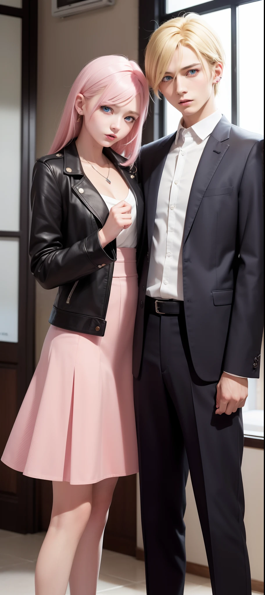 masterpiece, top-quality, 2Others, Male and female couples, 1 man and 1,, Adults, Height difference, different color, finely eye and detailed face, intricate detailes, high school summer uniform, High school couple, School Lab, Inside the coffee shop, Hands on back, During the walk, A smile, Happiness, tenderness, youthfulness, high-level image quality、 Beautiful men and women、tall、window、nightfall、nighttime scene、𝓡𝓸𝓶𝓪𝓷𝓽𝓲𝓬、British men, Idol Photos, k pop, Professional Photos, Vampires, Fedoman with necklace, inspired by Sim Sa-jeong, androgynous vampire, :9 detailed face: 8, extra detailed face, detailed punk hair, ((asa)) baggy eyes, Seductive. Highly detailed, semi realistic anime, Vampires, hyperrealistic , delicate androgynous prince, imvu, short hair above the ears, Man with short hair, Woman with long hair, With a man with a glaring expression, Woman with a gentle expression, ((With an Englishman with short blonde hair and light blue eyes)), ((Woman with pretty long pink hair and light blue eyes)),