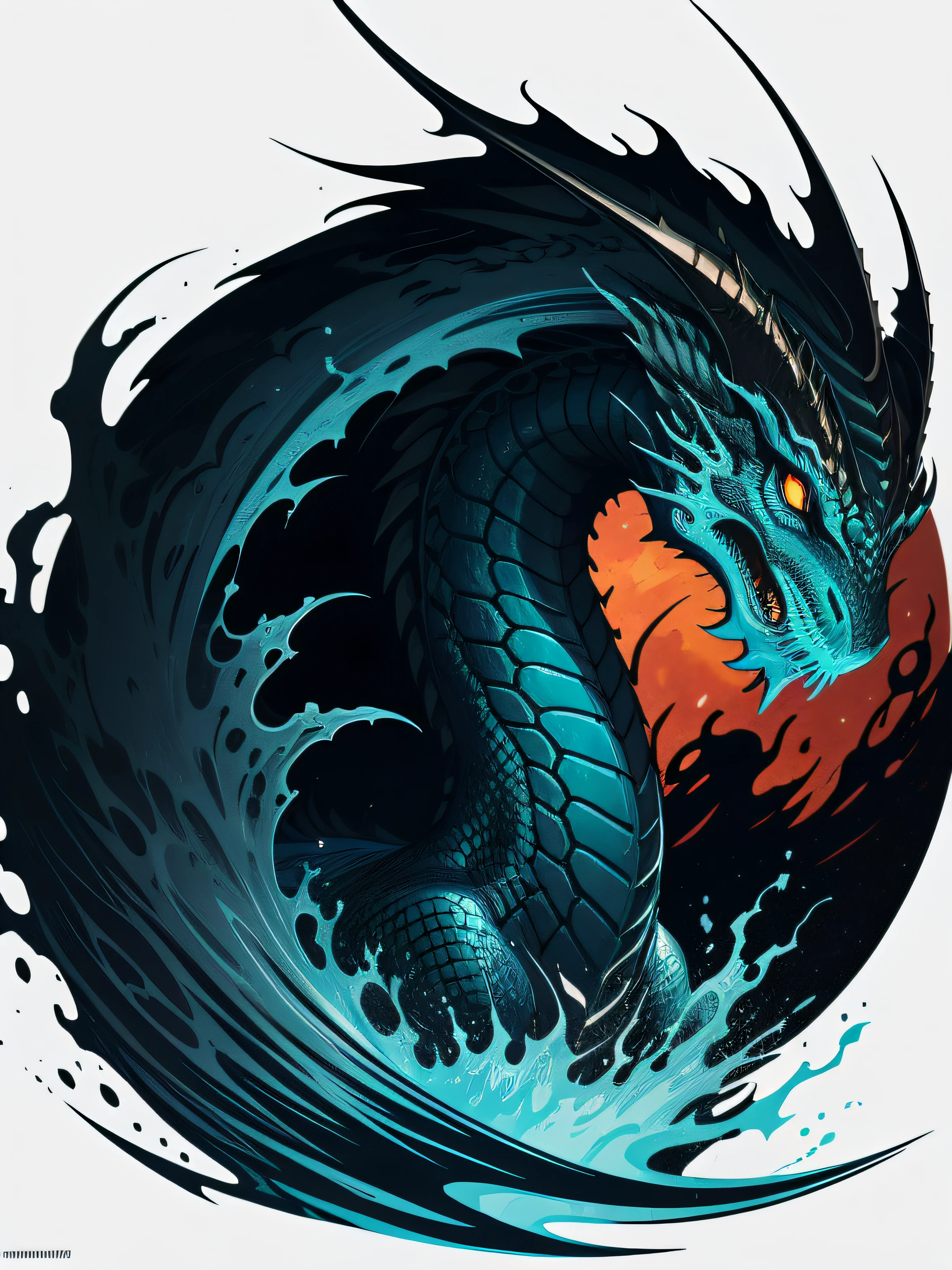 [water dragon] Heraldic silhouette, logo masking style illustration, by dan mumford, by greg rutkowski, by james jean, black background, mysterious, fantasy art, realistic, majestic, rich vibrant colors, high contrast, seamless water brand, artstation, deviantart, dribble, redbubble, teepublic, sharp focus, simple, hyper detailed, detailed drawing, vectorize, outline, isometric style, 8k."
