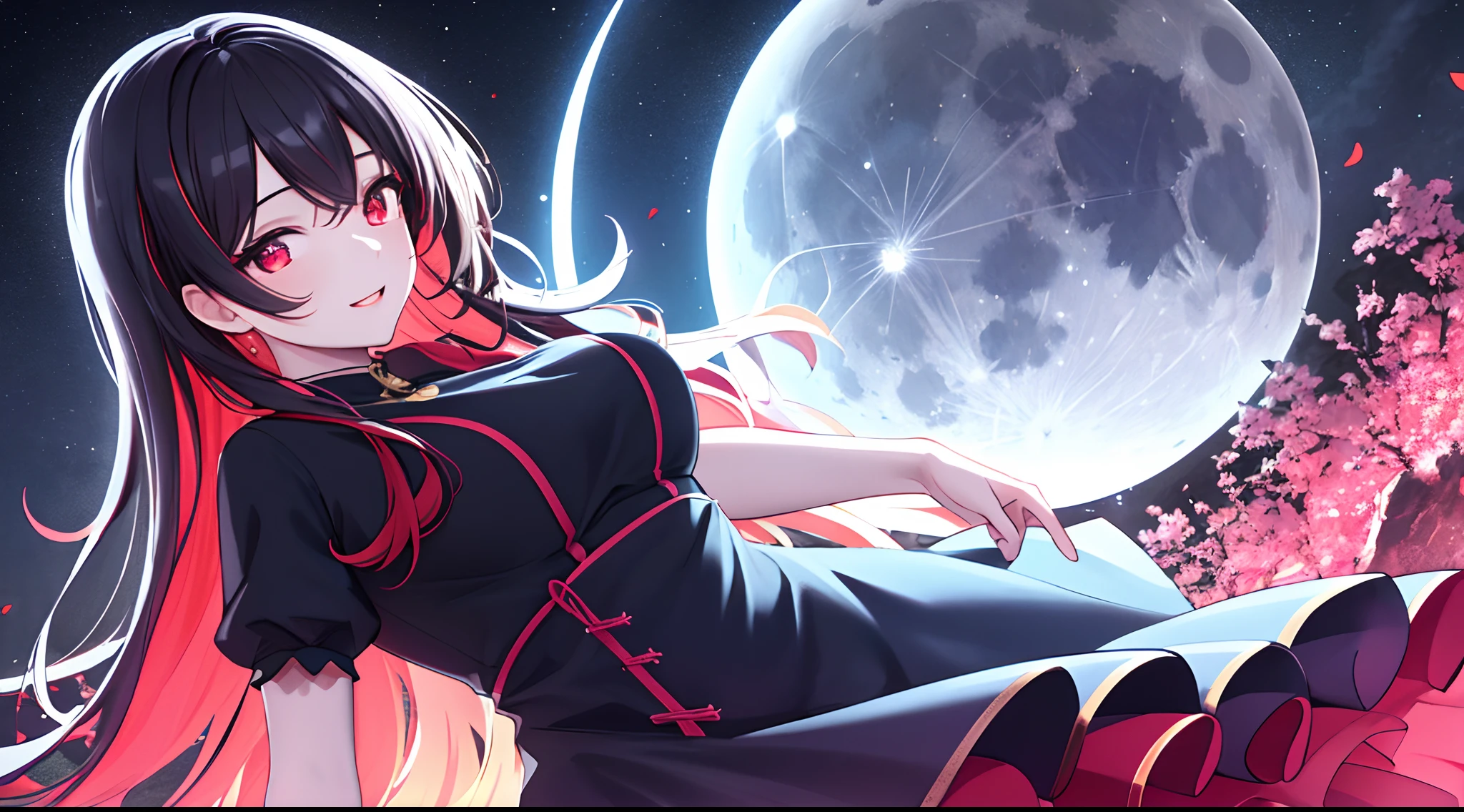 ((masterpiece, best quality, high detailed, highres, 16k, uhd)), 1girl, happy, floating hair, expressive hair, long hair, black hair, red highlights, red eyes, beautiful detailed eyes, dress, (amazing background, hyper detailed, full moon glowing in the night sky)