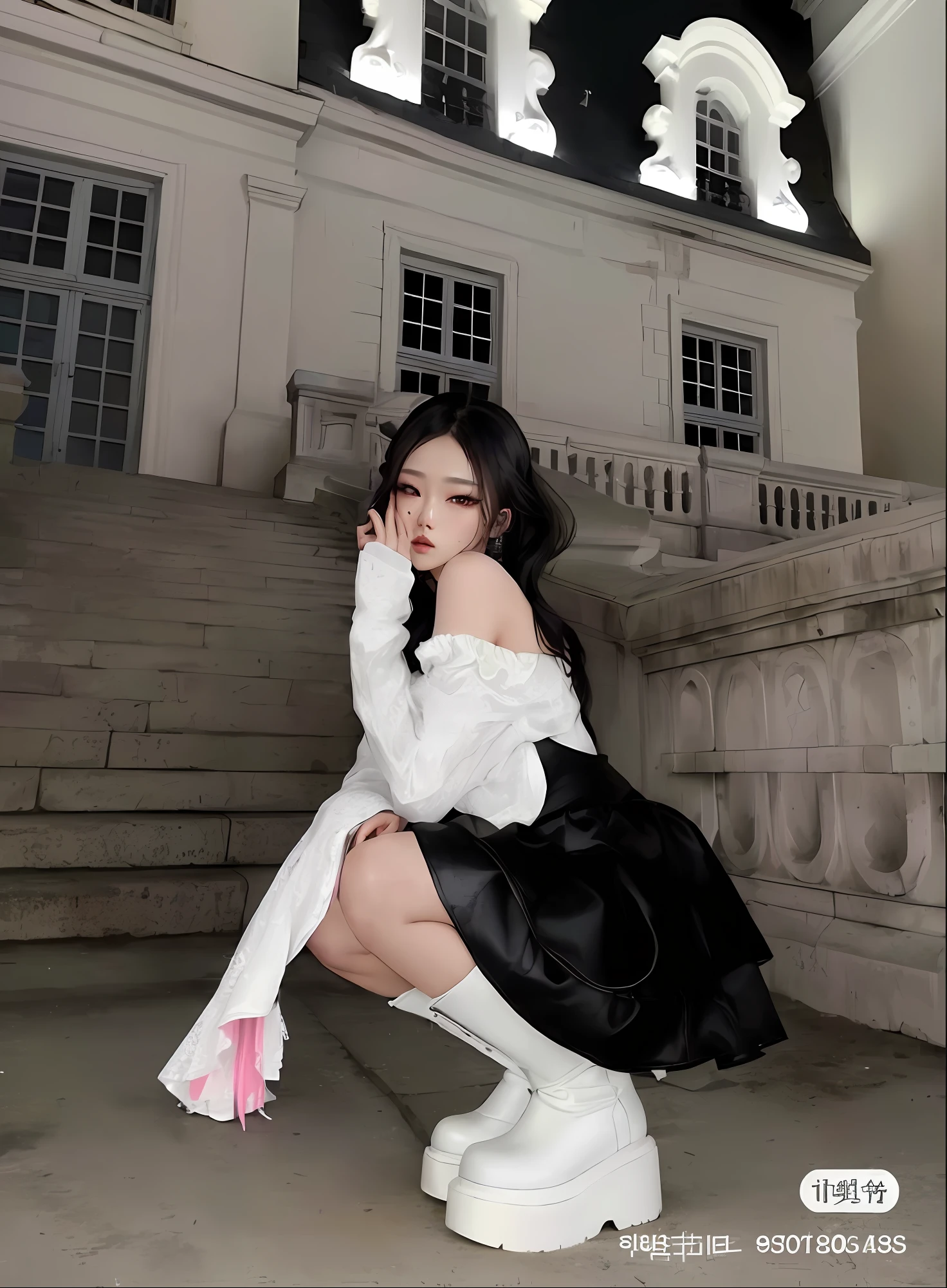 squatting woman outside a building, Ulzzang, white blouse and gothic boots, Xision Wu, cruel korean goth girl, jennie blackpink, Jisoo do Blackpink, Heonhwa Choe, Pose elegante e bonito, branco e preto, imagem vazada, Xintong Chen, Wenfei Ye, Modelo de moda feminina coreana, linda Delphine