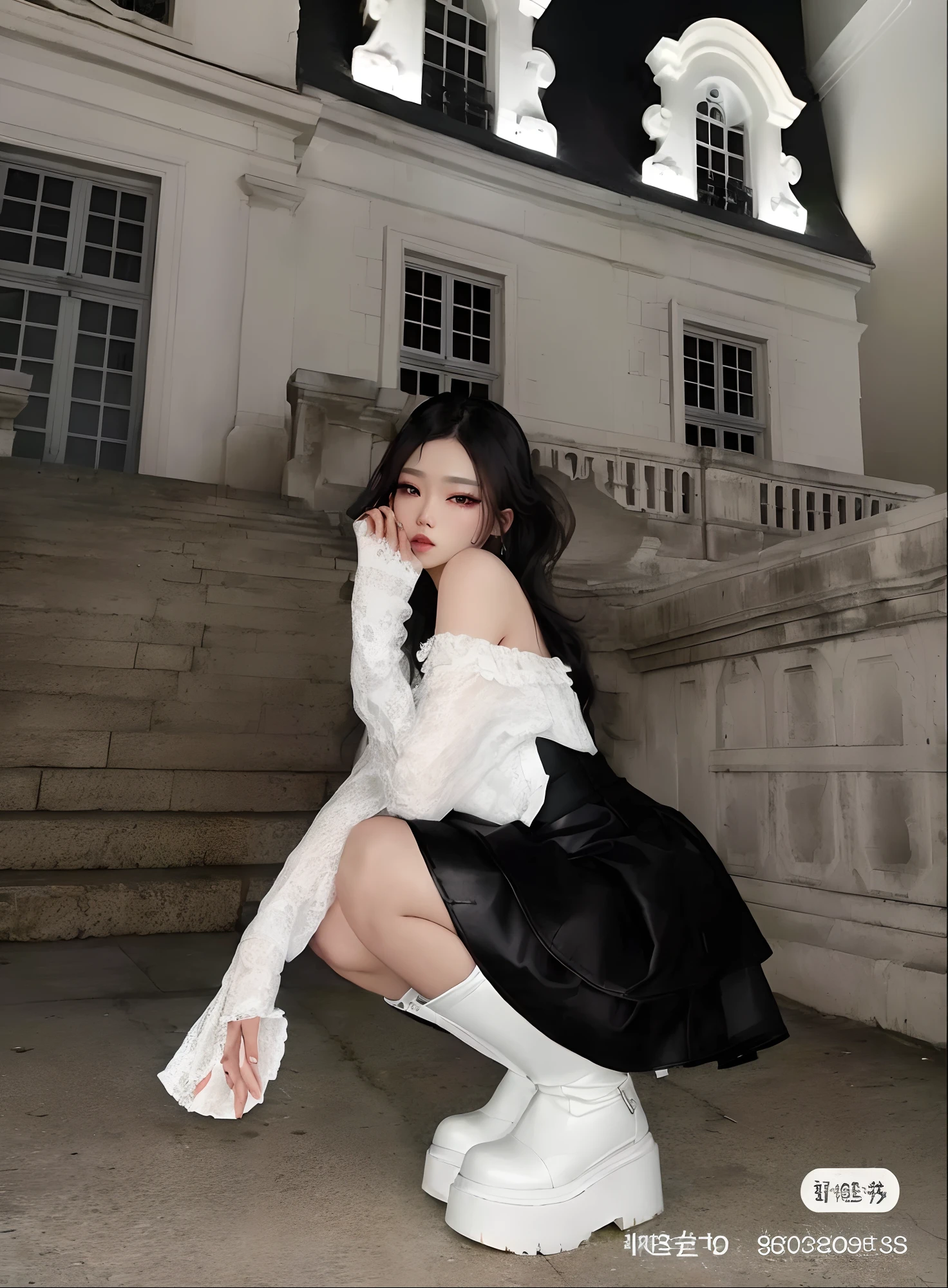 squatting woman outside a building, Ulzzang, white blouse and gothic boots, Xision Wu, cruel korean goth girl, jennie blackpink, Jisoo do Blackpink, Heonhwa Choe, Pose elegante e bonito, branco e preto, imagem vazada, Xintong Chen, Wenfei Ye, Modelo de moda feminina coreana, linda Delphine