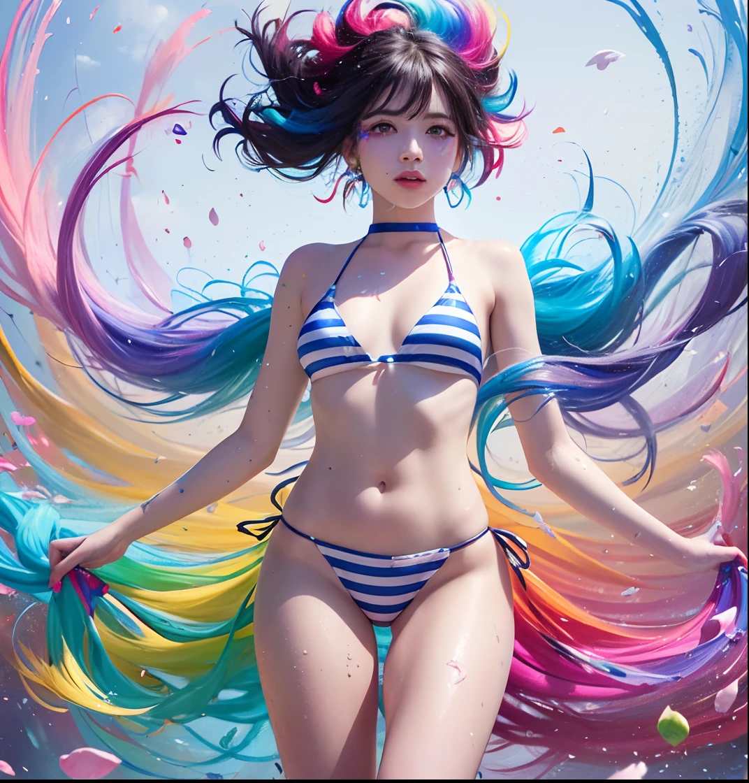 Full body portrait, standing, (colorful fashion ultra-small mini bikini: 1.9), (colorful hair: 1.8), (all colors of the rainbow: 1.8), (vertical: 1.6))), (painting, painting, portrait), cartoon, illustration, painting, large, crystal clear eyes, (rainbow gradient high ponytail: 1.7), exquisite makeup, mouth closed, (small fresh(1.5), (Big: 1.6), long eyelashes, looking at the audience, big watery eyes, (iridescent hair: 1.6), color splash, (solo, :1.8), color splash, color explosion, thick paint style, messy lines, ((sparkling)), (colorful), (colorful), colorful, colorful, chic paint style, (splash) (color splash), vertical painting, upper body, paint splash, acrylic pigment, gradient, paint, best quality, best quality, masterpiece, , solo, , depth of field, face paint, colorful clothing, (elegantly: 1.2), gorgeous,long hair, wind, (elegantly: 1.3), (petals: 1.4), (Masterpiece,)))), (highest quality)))), (( ( Ultra detailed)), ( Illustration), (Dynamic Angle), (((Floating)), (Paint), (disheveled hair)), (Solo,), (1 girl), (Detail anima face))), (((Beautiful Detail Face)), Collared, Bare shoulders, Gray hair, (((Colorful hair)), ((Striped hair)), Beautiful Detailed Eyes, (Gradient Color Eyes), (Colorful Eyes)), ( High saturation)))), (((surrounded by colorful splashes))),