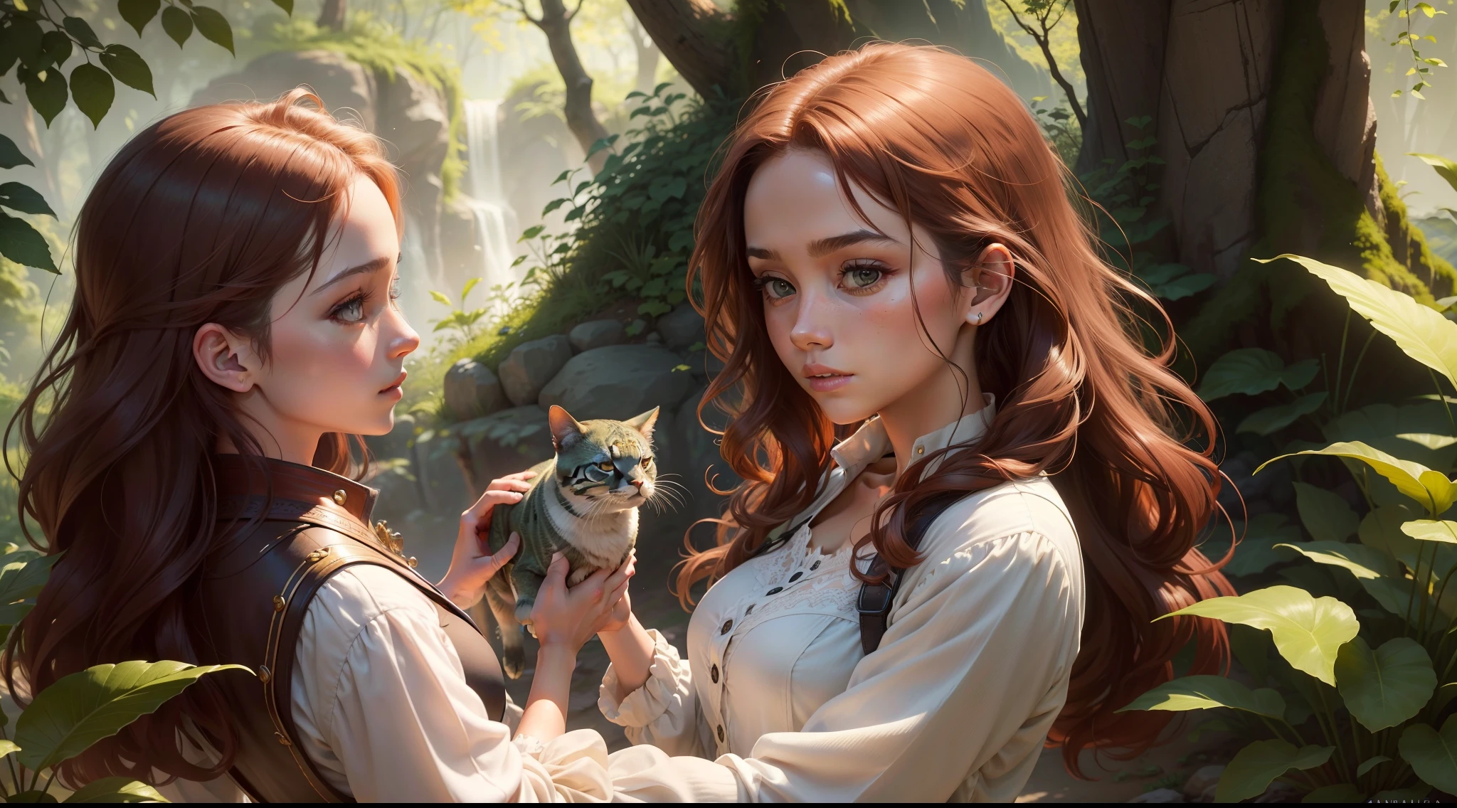 Description:
Create an illustration of Zara Windwhisper, a vibrant with a deep connection to nature and a unique ability to communicate with animals. Zara's appearance and personality exude energy, empathy, and a profound bond with the natural world.
Physical Appearance:
Visualize Zara with wavy auburn hair that dances in the wind, framing her lively face. Her eyes are a captivating shade of amber, reflecting her spirited and inquisitive nature. She wears colorful and flowing attire that mirrors her affinity for nature, and her outfit is adorned with intricate patterns and details. Her most distinctive feature is a pair of magical shoes that shimmer with enchanting hues.
Expression and Posture:
Illustrate Zara in a moment of connection with her surroundings. Her expression is warm and open, radiating empathy and curiosity. Her posture is dynamic, perhaps showing her engaged in conversation with an animal companion or immersed in the act of caring for a plant. Capture the essence of her energetic and adventurous spirit.
Environment:
Place Zara in a natural setting that highlights her connection to the environment. You could depict her standing in a lush meadow surrounded by flowers, or perched on a rocky outcrop overlooking a serene landscape. Incorporate elements that emphasize her botanical knowledge, such as an arrangement of healing herbs or a collection of plants nearby.
Skills in Action:
Showcase Zara's skills by depicting her in moments of interaction with animals and nature. She might be communicating with a bird, her hand extended in a gesture of understanding, or gently tending to a wounded creature. Include subtle details that allude to her special tool, the Special Jar, which could be hanging from her belt or placed nearby.
Lighting and Mood:
Use warm, natural lighting to evoke a sense of tranquility and connection with the earth. Play with soft shadows to create depth and emphasize Zara's bond with the world around her.