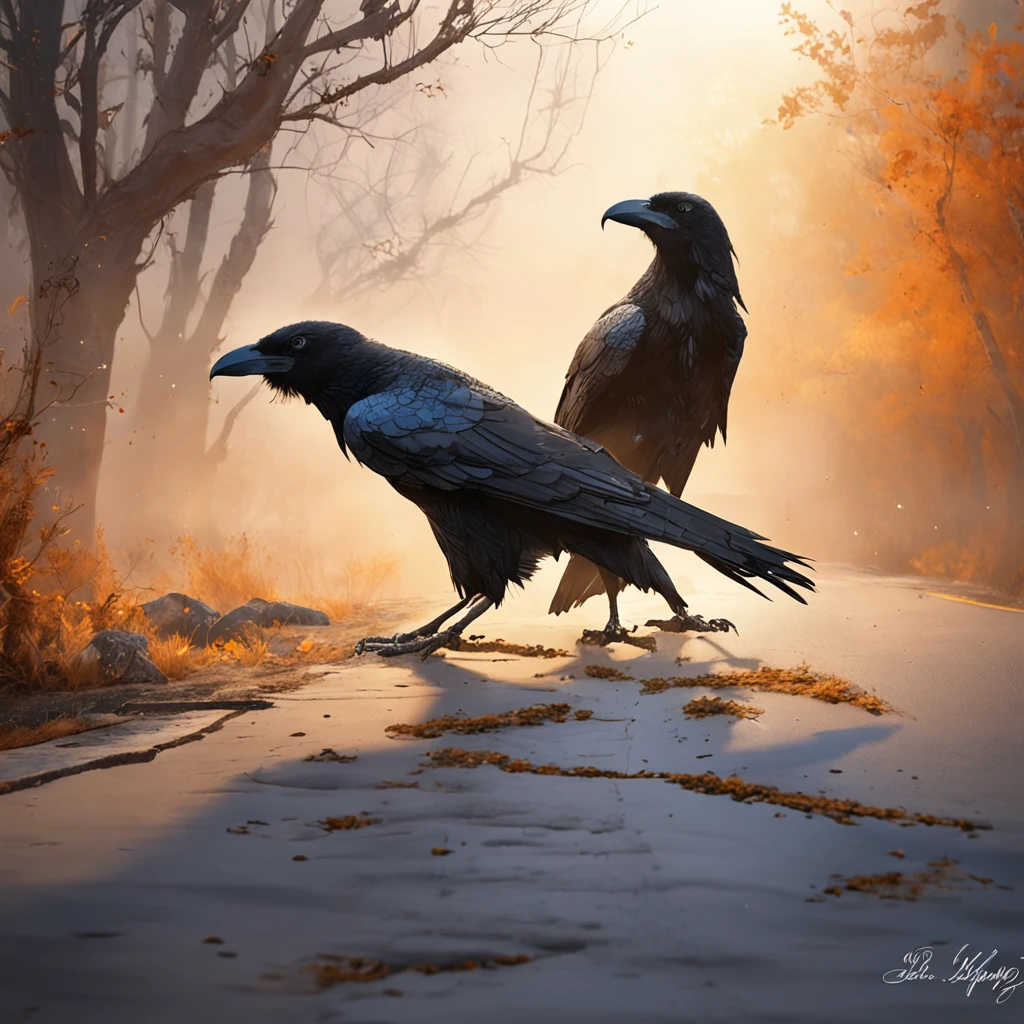 Two crows on a dead tree, A shadow shaped like a walker, Starry night, Thick fog on the ground, Blue light on the horizon, Unreal Engine 5, Cinematic, low angle photography, Motion blur, Depth of field, Dust, Cobblestones and dirt. Splash Art, dripping paint. Perfect color grading. Influenced by Karel Appel and Jeremy Mann, Full of dramatic and threatening scenes, Hyper-detailed, Beautiful, insanely details, Intricate details, editorial photography, shot with a 50mm lens, Depth of field, Tilt Blur, Shutter speed 1/1000, f/22. Lightmaps, Super bright
