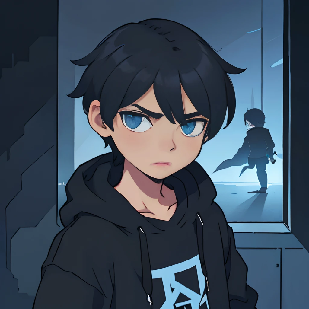 One was wearing a black sweatshirt,Boy with short black hair,Put your hands in your pockets,The expression is grim,blue color eyes,Determined gaze,Look ahead,Upper body display,The character is centered,Frontal display