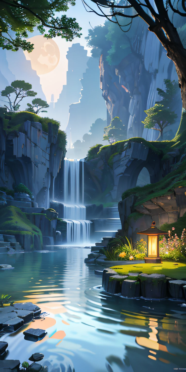 Ancient Chinese architecture, moon, midnight, garden, bamboo, lake, stone bridge, rockery, arch, corner, tree, flowing water, landscape, outdoor, waterfall, meadow, rock, water lily, hot springs, water vapor, (illustration: 1.0), epic composition, realistic lighting, HD detail, masterpiece, the best quality, (very detailed CG unified 8k wallpaper), (very detailed CG unified 8k wallpaper), (very detailed CG unified 8k wallpaper), (very detailed CG unified 8k wallpaper), wallpaper (best quality)